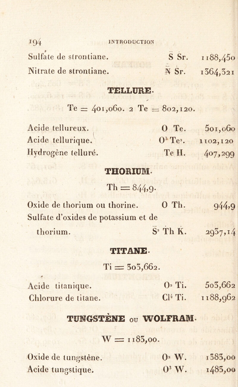 Sulfate de slroDliaue. S Sr. Nitrate de strontiane. S Sr. TELLÜEE* Te — 4^1,060. 2 Te — 802,120. Acide telhireux. O Te. Acide tellurique. O^Te^ Hydrogène tellure. Te H. THOEÎÜBÎ. Th = 844,9. Oxide de thorium ou thorine. O Th. Sulfate d’oxides de potassium et de thorium. . S^ Th K. TITANE. Ti = 5o5,662. Acide titanique. 0^ Ti. Chlorure de titane. Ch Ti. TUNGSTÈNE ou WOLFRAM- W = ii85,oo. Oxide de tungstène. 0^ W. Acide tungstique. 0^ W. 1188,450 I 564,521 5o 1,060 1102,120 407>299 944.9 2937,14 5o5,662 1188,962 1585.00 1485.00