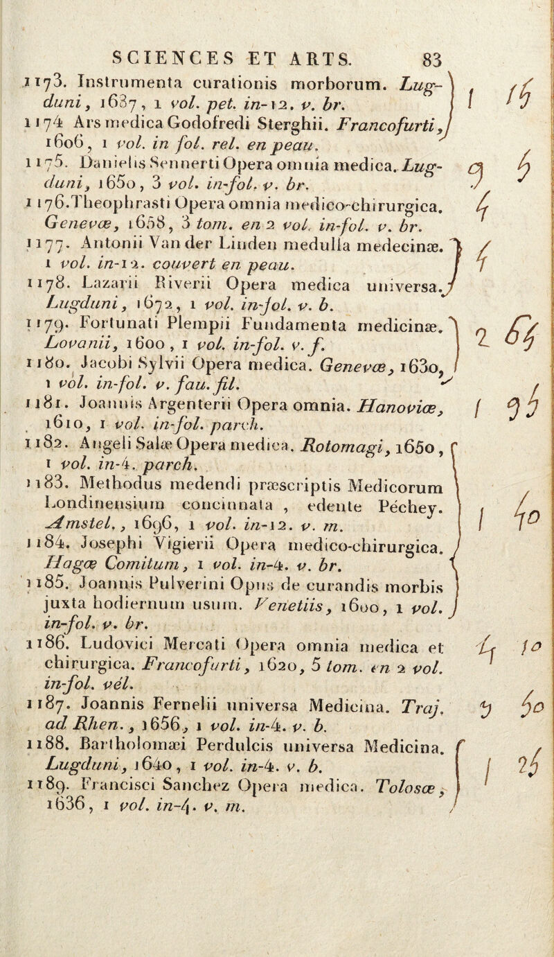 7 1173. Instrumenta curationis morborum. Lu g- \ du ni , 168 7, 1 en/, pet. in-\2. n. £/*. j 1174 Ars medica Godofredi Sterghii. FrancofurtiJ i6o6? 1 en/, in fol. rel. en peau. 1175. Danieiis Sennerti Opéra oui nia medica. Lug- 1 i76.Tbeophrasti Opéra omnia medico-chirurgica. 1177. Anton ii Van der Linden medulia medeeinæ. ^ 1 vol. in-12. couvert en peau. 1178. Lazard Riverd Opéra medica universa Lugduni, 1672, 1 vol. in-jol. v. b. 1179. Fortunati Plempii Fundamenta medicinæ. ^ Lovanii, 1600 , 1 vol. in-fol. v. f. 1180. Jacobi Sylvii Opéra medica. Genevæ, i63o, î vol. in-fol. p. f au. fil. ^ 1181. Joanids Argenterii Opéra omnia. Hanoviœ, 1610, 1 vol. in-fol. parek. 1182. Angeii Salæ Opéra medica. Rotornagi, i65o, 1 vol. m-4. parc h. 1183. Methodus medendi præscriptis Medicorum Londinensium concinnata , edente Péchey. ^dmstel.} 1696, 1 vol. in-\2. v. rn. n84. Josephi Yigierii Opéra medico-ehirurgica. Hagæ Comitum, 1 vol. in-4. v. br. 1185. Joannis Pulverini Qpus de curandis morbis juxta hodiernum usuin. Fenetiis, 1600, 1 vol. j in-fol, v. br. 1186. Ludoviei Mercati Opéra omnia medica et chirurgica. Francofurti, 1620, 5 tom. en 2 vol. in-fol, vél. 1187. Joannis Fernelii universa Medieina. Traj. ad Rhen., j 656^ 1 vol. in-k. v. b. 1188. Bartholomæi PerduIcis universa Medieina. Lugduni, i64o, 1 vol. in-4. e. b. xi89. Francisci Sanchez Opéra medica. Tolosœ, i(536, 1 vol. in fi. v. m.