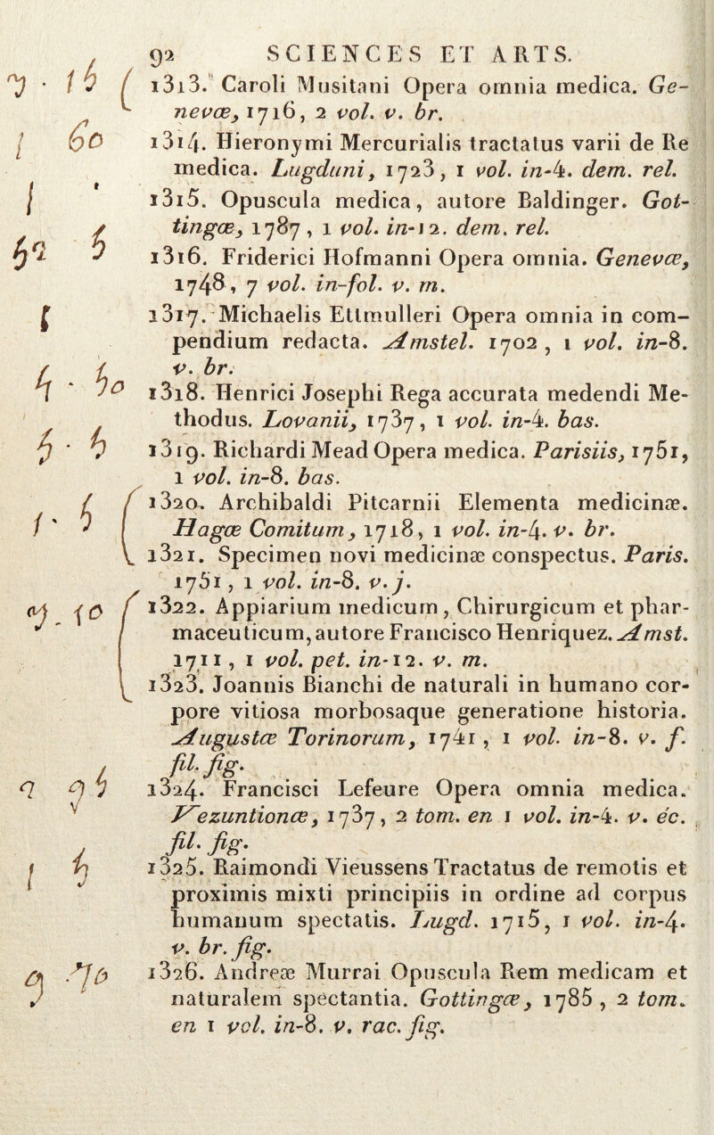 ■ ih ( / 1 (qO ! t 6* S i 4 ■ ho 'i • h / ■ n 7- \0 f - 1 c? ÛJ t) V ! 4 3 •7^ 9a SCIENCES ET ARTS. 1313. Caroli Musitani Opéra omnia medica. Ge~ nevœy 1716, 2 vol. v. br. 1314. Hieronymi Mercurialis tractatus varii de Re medica. Lugduni, 17^3 , 1 vol. in-k. dem. rel. ï3i5. Opuscula medica, autore Baldinger. Got- tingŒy 1787 , 1 co/. in-12. dem. re/. i3i6. Friderici Hofmanni Opéra omnia. Genevce, 1748 , 7 in-fol. v. m. loi'j. Michaelis Etlmulleri Opéra omnia in com- pendium redacta. ^dmstel. 1702 ? 1 vol. in-8. f>. br. 1318. Henrici Josephi Rega accurata medendi Me- thodus. Lovaniiy 1787, 1 vol. in-h bas. 1319. Richardi Mead Opéra medica. Parisus, 1761, 1 vol. in-8. bas. 1820^ Archibaldi Pitcarnii Elementa medicinæ. Hagœ Comitum y 1718, 1 vol. in-l\. v. br. i32i. Specimen novi medicinæ conspectus. Paris. 1761, 1 vol. in-8. v. j. 1822. Appiarium medicum , Chirurgicum et phar- maceuticum, autore Francisco Henriquez.^wsÆ. 1711, 1 vol. pet. in-12. v. m. 1828. Joannis Bianchi de naturali in humano cor- pore vitiosa morbosaque generatione historia. ^dugustœ Torinorumy 17^1 , 1 vol. in-8. v. f. fil.fig. , 13^4. Francisci Lefeure Opéra omnia medica. J^ezuntioncey 1737, 2 tom. en 1 vol. in-^k. v. éc. • x ï325. Raimondi VieussensTractatus de remotis et proximis mixti principiis in ordine ad corpus bumanum spectatis. Imgd. 1715 ? 1 vol. in-/\. v. br. fi g. 1320. Andreæ Murrai Opuscula Rem medicam et naturalem spèctantia. Gottingœ y 1785 , 2 tom.