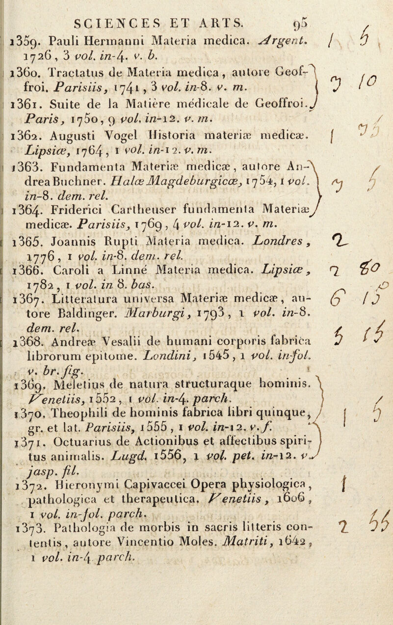 i3d9. Pauli Hennanni Materia medica. Argent. 1726, 3 vol. v. b. 1360. Tractatus de Materia medica, autore Geof— froi. Parisiis, 1741,3 vol. in-8. v. m. I 1361. Suite de la Matière médicale de Geoffroi.y Paris, 17^0, 9 vol. in-12. p: m. i36s. Augusti Yogel Historia materiæ medicæ, Lipsice, 1764 , 1 eo/. in-12. 772. j 363. Fundamenta Materiæ medicæ, autore An A drea Buchner. lialœMagdeburgicœ, 1754,1 pot. ] in-8. dem. rel. i364- Friderici Cartheuser fundamenta Materiæ^ medicæ. Parisiis, 1769,4 vol. in-12. p. m. i i365. Joannis Rupti Materia medica. Londres9 1776, 1 vol. f/2-8, dem. rel. [ i366. Caroli a Linné Materia medica. Lipsice, 1782 , 1 ^0/. in 8. bas. [ 1367. Litteratura uni versa Materiæ medicæ, au- tore Baldinger. Marburgi, 1798, 1 vol. in-8. dem. rel. 1368. Andreæ Yesalii de humani corporis fahrica librorum epitome. Londini> i545,1 vol. in-foL v. br.fig. . 1 , 1369. Meletius de natura structuraque hominis, p^enetiis, i5o2 , 1 vol. m-4- pareil. 1370. Theophili de hominis fabrica libri quinque^ y gr. et lat. Parisiis, 1555 , 1 *>0/. in-12. e. j371. Octuarius de Actionibus et affectibus spirh tus animalis. Lugd. i556? 1 ^0/. pet. in-12. jasp. fil. 1372. Bieronymi Capivaccei Opéra physiologica, pathologica et therapeutica, Venetiis y 1606 , 1 vol. iriçjol. parch. 1373. Paihologia de morbis in sacris litteris con- lentis, autore Vincentio Moles. Matriti, i§4a, 1 eo/. in-l\ pareil. I 1) 0 1° l *1 / y 9 • O £ U 5 î