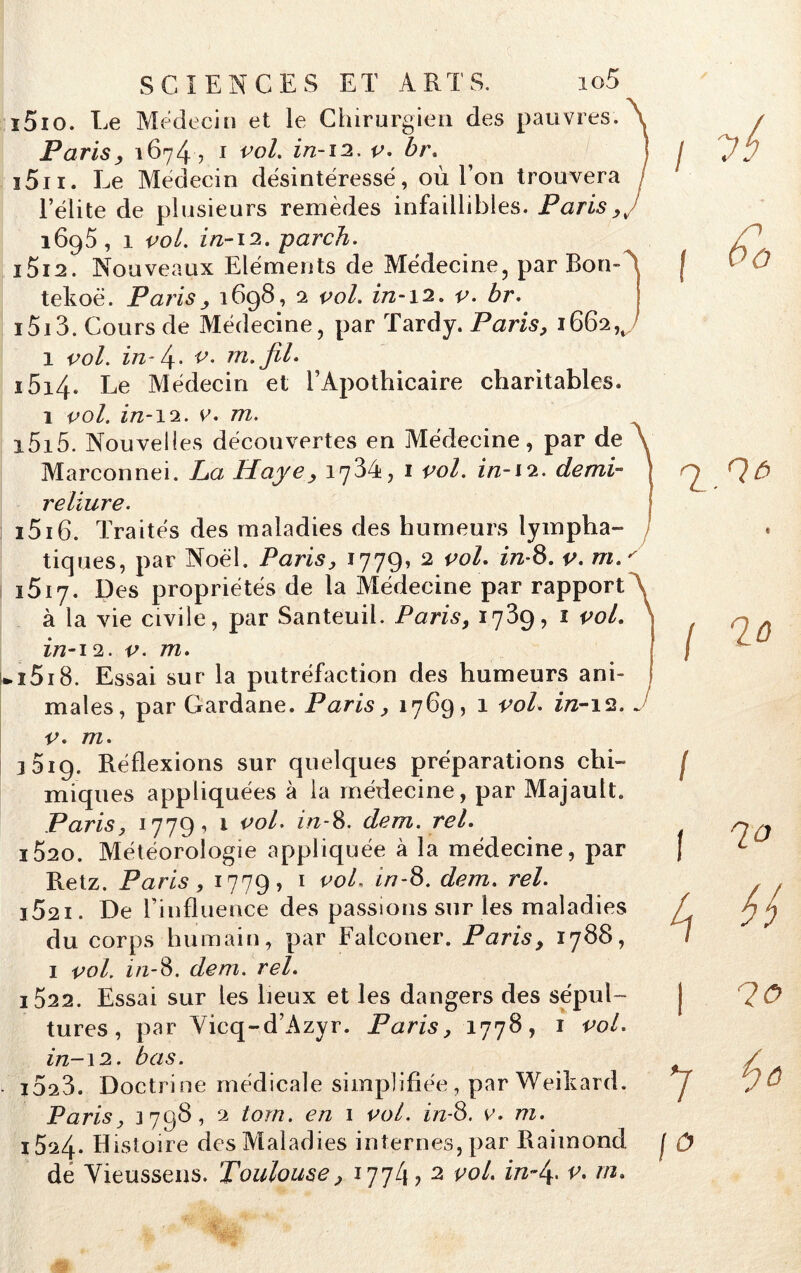 1510. Le Médecin et le Chirurgien des pauvres. \ Paris, 1674? 1 vol. in-11. v. br. j 1511. Le Médecin désintéressé, où l’on trouvera l’élite de plusieurs remèdes infaillibles. Paris,J 1695 , 1 vol. in-12. -pareil. 1512. Nouveaux Eléments de Médecine, par Bon- tekoè. Paris, 1698, 2 vol. in-12. v. br. 1513. Cours de Médecine, par Tardy. Paris, 1662 1 vol. in-4- v. m. fil. 1514. Le Médecin et l’Apothicaire charitables» 1 vol. in-i2. e. m. 1515. Nouvelles découvertes en Médecine, par de Marconnei. La Haye, 1784, 1 rW. zVz-12. demi- reliure. 1516. Traités des maladies des humeurs lympha- tiques, par Noël. Paris, 1779, 2 z>z-8. m. ' 1517. Des propriétés de la Médecine par rapport \ à la vie civile, par Santeuil. Paris, 1789, 1 vol. in-12. v. m. *ï5i8. Essai sur la putréfaction des humeurs ani- males, par Gardane. Paris, 1769, 1 vol. in-i%. . v. m. 3319. Réflexions sur quelques préparations chi- miques appliquées à la médecine, par Majault. Paris, 17791 1 vol. in-8. dem. rel. ï5^0. Météorologie appliquée à la médecine, par Retz. Paris, 1779, 1 vol» in-S. dem. rel. 1521. De l’influence des passions sur les maladies du corps humain, par Falconer. Paris, 1788, 1 vol, in-8. dem. rel. 1522. Essai sur les lieux et les dangers des sépul- tures , par Vicq-d’Azyr. Paris, 1778, 1 vol. in-\z. bas. ■ 1028. Doctrine médicale simplifiée, par Weikard. Paris, J 798, 2 tom. en 1 vol. in-S. v. m. 1824* Histoire des Maladies internes, par Raimond de Vieussens. Toulouse, 1774? 2 vol. infi. v. m. / vi 06 j 70 i ( 70 4 a 1 00 7 4^ fû