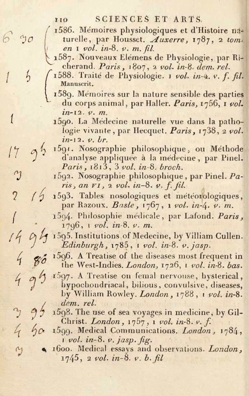 0 h iio SCIENCES ET ARTS, f 1586. Mémoires physiologiques et d’Histoire na- turelle, par Housset. Auxerre, 1787, 2 tonu en 1 vol. in-S. v. m. fil. 1587. Nouveaux Elémens de Physiologie, par Ri- cherand. Paris, 1807, 2 vol. f/2-8, zê’/. 1588. Traité de Physiologie. 1 vol. f/z-4. e. f. fii. Manuscrit. 158g. Mémoires sur la nature sensible des parties du corps animal, par Haller. Paris, 1766, 1 vol* in-iz. v. /72. « 1590. La Médecine naturelle vue dans la patho- logie vivante, par Hecquet. Paris, 1788, 2 rW. f/2-12. &r. ïSgr. Nosographie philosophique, ou Méthode d’analyse appliquée à la médecine , par Pinel. Paris, 1813, 3 vol. f/2-8, broch. i5q2. Nosographie philosophique , par Pinel. Pa- ris , an vi, 2 vol. f/2-8. V- f. fil. i5g3. Tables nosologiques et météorologiques, par Razoux. B as le, 1767, 1 vol. infi. v. m. 1594. Philosophie médicale, par Lafond. Paris, 1796, 1 vol. in-S. v. m. 1095. Institutions of Medecine, by Vilîiam Cullen. Edinburgh, 1786, 1 vol. in-S. v.jasp. 15g6. A Treatise of the diseases most frequent in the West-Indies. London, 1726, 1 vol. in-S. bas. 1.597. A Treatise on femal nerveuse, hysterical, bypochondriacal, bilious, convulsive, diseases, by William Rowley. London, 1788 , t vol. in-S. dem. rel. 1598. The use of sea voyages in medicine, by Gil- Christ. London, 1767, 1 vol. in-8. v. f. 1599. Medical Communications. London , 1784 5 1 vol. f/2-8, v. jasp. Jig. 1600. Medical essays and observations. London,