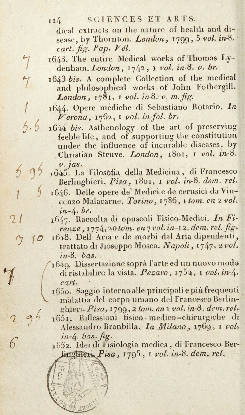 dical extracts on the nature of healtli and di- sease, by Thornton. London> 17993 5 vol. in-8. cart.jig. Pop. Fél. 1643. The entire Medical works of Thomas Ly- denham. Londony 1742, 1 vol. in-8. v. br. 1643 bis. A complété Collection of the medical and philosophical works of John Fothergill. London, 1781, ï vol. in-8. v. m.fig. 1644. Opéré mediche di Sebastiano Rotario. In F^erona, 1762, 1 vol, in-fol. br. 1644 ôw. Asthenology of the art of preserving feeblelife, and of supporting the constitution under the influence of incurable diseases, by Christian Struve. London, x8oi, r vol. in-8. 6 ^ 1 ï 11 0 \ » v. jas. 1645. La Filosôfia délia Medicina, di Francesco Berlinghieri. Pisa, 1801, 1 vol. in-8. dem. rel. 1646. Belle opéré de7 Medici e de cerusici da Vin- cenzo Malacarne. Torino, 1786, 1 tom. en 2 vol. in~l\. br. 1647* Raccolta di opuscoli Fisico-Medici. In Fi- renze > 1774, ^otom. en q vol. in-12. dem. rel. fig* 1648. Dell Aria e de morbi dal Aria dipendenti, trattato di Jioseppe Mosca. Napoli, 17473 2vol. in-8. bas. 3 649. Dissertazione soprà Farte ed un nuovo modo diristabilire la vista. Pezaro, 1754, x vol. in-4- cart. Q . ^ J G \ i 1600. Saggio interno aile principali e più frequenti V malattia del corpo uraano del Francesco Berlin- ^hieri. Pisa, 1799,2 tom. en 1 vol. in-8. dem. reL iô5i. Riflessioni tisi.cc> - medico-chirurgiche di Alessandro Branbilla. In Milano , 1769, 1 vol, in-/\. bas. fig- 3GÔ2. Idei di Fisiologia medica, di Francesco Ber*