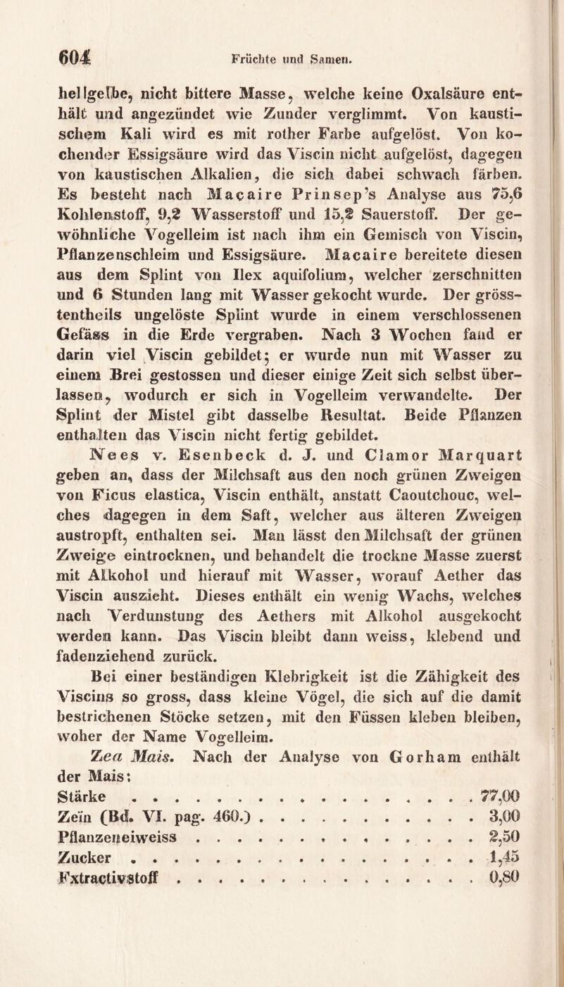 hellgelbe, nicht bittere Masse, welche keine Oxalsäure ent- hält und angeziindet wie Zunder verglimmt. Von kausti- schem Kali wird es mit rother Farbe aufgelöst. Von ko- chender Essigsäure wird das Viscin nicht aufgelöst, dagegen von kaustischen Alkalien, die sich dabei schwach färben. Es besteht nach Macaire Prinsep’s Analyse aus 75,6 Kohlenstoff, 9,2 Wasserstoff und i5,2 Sauerstoff. Der ge- wöhnliche Vogelleim ist nach ihm ein Gemisch von Viscin, Pflanzenschleim und Essigsäure. Macaire bereitete diesen aus dem Splint von Ilex aquifolium, welcher zerschnitten und 6 Stunden lang mit Wasser gekocht wurde. Der gross- tentheils ungelöste Splint wurde in einem verschlossenen Gefäss in die Erde vergraben. Nach 3 Wochen fand er darin viel Viscin gebildet $ er wurde nun mit Wasser zu einem Brei gestossen und dieser einige Zeit sich selbst über- lassen, wodurch er sich in Vogelleim verwandelte. Der Splint der Mistel gibt dasselbe Resultat. Beide Pflanzen enthalten das Viscin nicht fertig gebildet. IVees v. Esenbeck d. J. und Clamor Marquart geben an, dass der Milchsaft aus den noch grünen Zweigen von Ficus elastica, Viscin enthält, anstatt Caoutchouc, wel- ches dagegen iii dem Saft, welcher aus älteren Zweigen austropft, enthalten sei. Man lässt den Milchsaft der grünen Zweig;e eintrocknen, und behandelt die trockne Masse zuerst mit Alkohol und hierauf mit Wasser, worauf Aether das Viscin auszieht. Dieses enthält ein wenig Wachs, welches nach Verdunstung des Aethers mit Alkohol ausgekocht werden kann. Das Viscin bleibt dann weiss, klebend und fädenziehend zurück. Bei einer beständigen Klebrigkeit ist die Zähigkeit des Viscins so gross, dass kleine Vögel, die sich auf die damit bestrichenen Stöcke setzen, mit den Füssen kleben bleiben, woher der Name Vogelleim. 7*ea Mais. Nach der Analyse von Gorham enthält der Mais: Stärke . Zein (BcL VI. pag. 460.) . . 77,00 . . 3,00 Pflanzeneiweiss Zucker . . . Fxtractiv Stoff 2,50 1,45 0,80