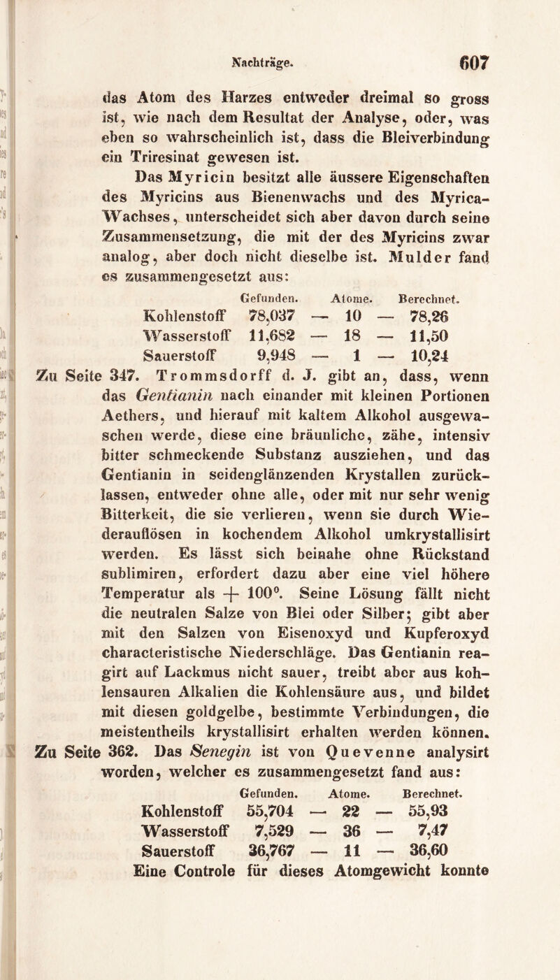 das Atom des Harzes entweder dreimal so gross ist, wie nach dem Resultat der Analyse, oder, was eben so wahrscheinlich ist, dass die Rleiverbindung ein Triresinat gewesen ist. Das Myricin besitzt alle äussere Eigenschaften des Myricins aus Bienenwachs und des Myrica- Wachses, unterscheidet sich aber davon durch seine Zusammensetzung, die mit der des Myricins zwar analog, aber doch nicht dieselbe ist. Mulder fand es zusammengesetzt aus: Gefunden. Atome. Berechnet. Kohlenstoff 78,037 — 10 — 78,26 Wasserstoff 11,682 — 18 — 11,50 Sauerstoff 9,948 — 1 — 10,24 Zu Seite 347. Trommsdorff d. J. gibt an, dass, wenn das Gentianin nach einander mit kleinen Portionen Aethers, und hierauf mit kaltem Alkohol ausgewa- schen werde, diese eine bräunliche, zähe, intensiv bitter schmeckende Substanz ausziehen, und das Gentianin in seidenglänzenden Krystallen zurück- lassen, entweder ohne alle, oder mit nur sehr wenig Bitterkeit, die sie verlieren, wenn sie durch Wie- derauflösen in kochendem Alkohol umkrystallisirt werden. Es lässt sich beinahe ohne Rückstand sublimiren, erfordert dazu aber eine viel höhere Temperatur als -f* 100°. Seine Lösung fällt nicht die neutralen Salze von Blei oder Silber 5 gibt aber mit den Salzen von Eisenoxyd und Kupferoxyd characteristische Niederschläge. Das Gentianin rea- girfc auf Lackmus nicht sauer, treibt aber aus koh- lensauren Alkalien die Kohlensäure aus, und bildet mit diesen goldgelbe, bestimmte Verbindungen, die meistentheils krystallisirt erhalten werden können. Zu Seite 362. Das Senegin ist von Quevenne analysirt worden, welcher es zusammengesetzt fand aus: Gefunden. Atome. Berechnet. Kohlenstoff 55,704 — 22 — 55,93 Wasserstoff 7,529 - 36 — 7,47 Sauerstoff 36,767 — 11 — 36,60 Eine Controle für dieses Atomgewicht konnte