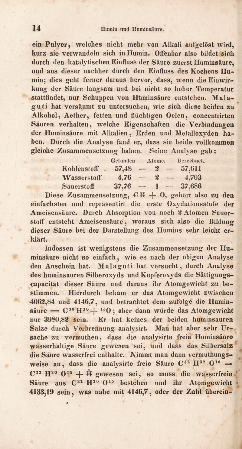 ein Pulver, welches nicht mehr von Alkali aufgelöst wird, kurz sie verwandeln sich in Humin. Offenbar also bildet sich durch den katalytischen Einfluss der Säure zuerst Huminsäure^ und aus dieser nachher durch den Einfluss des Kochens Hu- min; dies geht ferner daraus hervor, dass, wenn die Einwir- kung der Säure langsam und bei nicht so hoher Temperatur stattfindet, nur Schuppen von Hüminsäure entstehen. Mala- guti hat versäumt zu untersuchen, wie sich diese beiden zu Alkohol, Aether, fetten und flüchtigen Oelen, concentrirten Säuren verhalten, welche Eigenschaften die Verbindungen der Huminsäure mit Alkalien, Erden und Metalloxyden ha- ben. Durch die Analyse fand er, dass sie beide vollkommen gleiche Zusammensetzung haben. Seine Analyse gab: Gefunden Atome. Berechnet?», Kohlenstoff . 57,48 — 2 — 57,611 Wasserstoff 4,76 — 2 — 4,703 Sauerstoff 37,76 — 1 — 37,686 Diese Zusammensetzung, E H -f- O, gehört also zu den einfachsten und repräsentirt die erste Oxydationsstufe der Ameisensäure. Durch Absorption von noch 2 Atomen Sauer- stoff entsteht Ameisensäure, woraus sich also die Bildung dieser Säure bei der Darstellung des Humins sehr leicht er- klärt. Indessen ist wenigstens die Zusammensetzung der Hu- minsäure nicht so einfach, wie es nach der obigen Analyse den Anschein hat. Malaguti hat versucht, durch Analyse des huminsauren Silberoxyds und Kupferoxyds die Sättigungs- capacität dieser Säure und daraus ihr Atomgewicht zu be- stimmen. Hierdurch bekam er das Atomgewicht zwischen 4062,84 und 4146,7, und betrachtet dem zufolge die Humin- säure = C*®H^®-)- ^^0; aber dann würde das Atomgewicht nur 3980,82 sein. Er hat keines der beiden huminsauren Salze durch Verbrennung analysirt. Man hat aber sehr Ur- sache zu vermuthen, dass die analysirte freie Huminsäure wasserhaltige Säure gewesen sei, und dass das Silbersalz die Säure wasserfrei enthalte. Nimmt man dann verniuthungs- weise an, dass die analysirte freie Säure H^^ 0‘® == C32 JJ30 Q15 g gewesen sei, so muss die wasserfreie Säure aus H^ O^^ bestehen und ihr Atomgewicht 4133,19 sein, was nahe mit 4146,7, oder der Zahl überein-