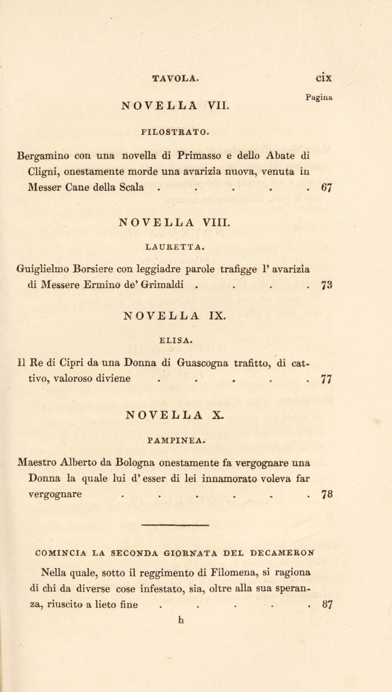 NOVELLA VII. Pagina FILOSTRATO. Bergamino con una novella di Primasso e dello Abate di Cligni, onestamente morde una avarizia nuova, venuta in Messer Cane della Scala . . . . *67 NOVELLA VIIL LAURETTA. Guiglielmo Borsiere con leggiadre parole trafigge 1’ avarizia di Messere Ennino de’ Grimaldi . . . *73 NOVELLA IX. ELISA. 11 Re di Cipri da una Donna di Guascogna trafitto, di cat- tivo, valoroso diviene .... . 77 NOVELLA X. PAMPINEA. Maestro Alberto da Bologna onestamente fa vergognare una Donna la quale lui d’ esser di lei innamorato voleva far vergognare . . . . « .78 COMINCIA LA SECONDA GIORNATA DEL DECAMERON Nella quale, sotto il reggimento di Filomena, si ragiona di chi da diverse cose infestato, sia, oltre alia sua speran- za, riuscito a lieto fine . . • • .87 h