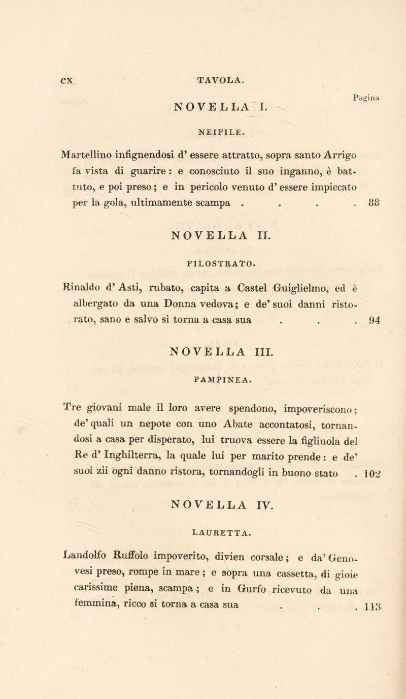 NOVELLA 1. Pagina NEIFILE. Martellino infignendosi d’ essere attratto, sopra santo Arrigo fa vista di guarire: e conosciuto il suo inganno, e bat- tiito, e poi preso; e in pericolo venuto d’ essere impiccato per la go!a, ultimamente scampa . . . . 8S NOVELLA IL riLOSTRATO. Rinaldo d’ Asti, rubato, capita a Castel Guiglielmo, ed e albergato da una Donna vedova; e de’suoi danni risto- rato, sano e salvo si torna a casa sua . . .94 NOVELLA III. PAMPINEA. Tre giovani male il loro avere spendono, impoveriscono; de’quali un nepote con uno Abate accontatosi, tornan- dosi a casa per disperato, lui truova essere la figliuola del Re d’ Inghilterra, la quale lui per marito prende: e de’ suoi zii ogni danno ristora, tornandogli in buono stato . 1 NOVELLA IV. LAURETTA. Landolfo Ruffolo impoverito, divien corsale; e da’Geno- vesi preso, rompe in mare; e sopra una cassetta, di gioie carissime piena, scampa; e in Gurfo ricevuto da una femmina, ricco si torna a casa sua . . iiq