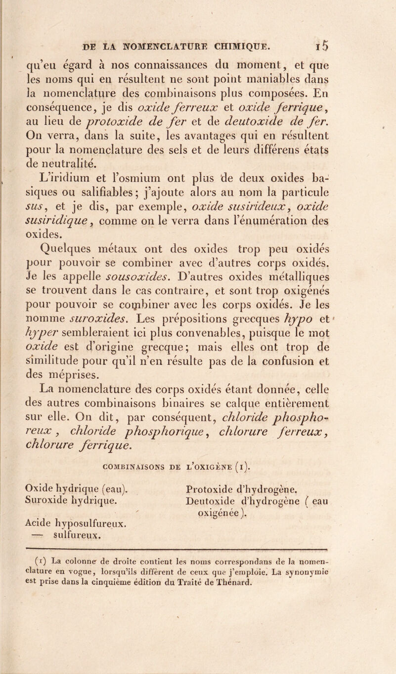 qu’eu égard à nos connaissances du moment, et que les noms qui en résultent ne sont point maniables dans la nomenclature des combinaisons plus composées. En conséquence, je dis oxide ferreux et oxide ferrique, au lieu de protoxide de fer et de deutoxide de fer. On verra, dans la suite, les avantages qui en résultent pour la nomenclature des sels et de leurs différens états de neutralité. L’iridium et l’osmium ont plus de deux oxides ba- siques ou salifiables ; j’ajoute alors au nom la particule sus, et je dis, par exemple, oxide susirideux, oxide susiridique, comme on le verra dans l’énumération des oxides. Quelques métaux ont des oxides trop peu oxidés pour pouvoir se combiner avec d’autres corps oxidés. Je les appelle sousoxides. D’autres oxides métalliques se trouvent dans le cas contraire, et sont trop oxigénés pour pouvoir se combiner avec les corps oxidés. Je les nomme suroxides. Les prépositions grecques hypo et * hyper sembleraient ici plus convenables, puisque le mot oxide est d’origine grecque; mais elles ont trop de similitude pour qu’il n’en résulte pas de la confusion et des méprises. La nomenclature des corps oxidés étant donnée, celle des autres combinaisons binaires se calque entièrement sur elle. On dit, par conséquent, chloride phospho- reux > chloride phosphorique, chlorure ferreux, chlorure ferrique. COMBINAISONS DE l’oXIGENE ( I ). Oxide hydrique (eau). Protoxide d’hydrogène. Suroxide hydrique. Deutoxide d’hydrogène ( eau oxigénée). Acide hyposulfureux. — sulfureux. (i) La colonne de droite contient les noms correspondans de la nomen- clature en vogue, lorsqu’ils diffèrent de ceux que j’emploie. La synonymie est prise dans la cinquième édition du Traité de Thénard.