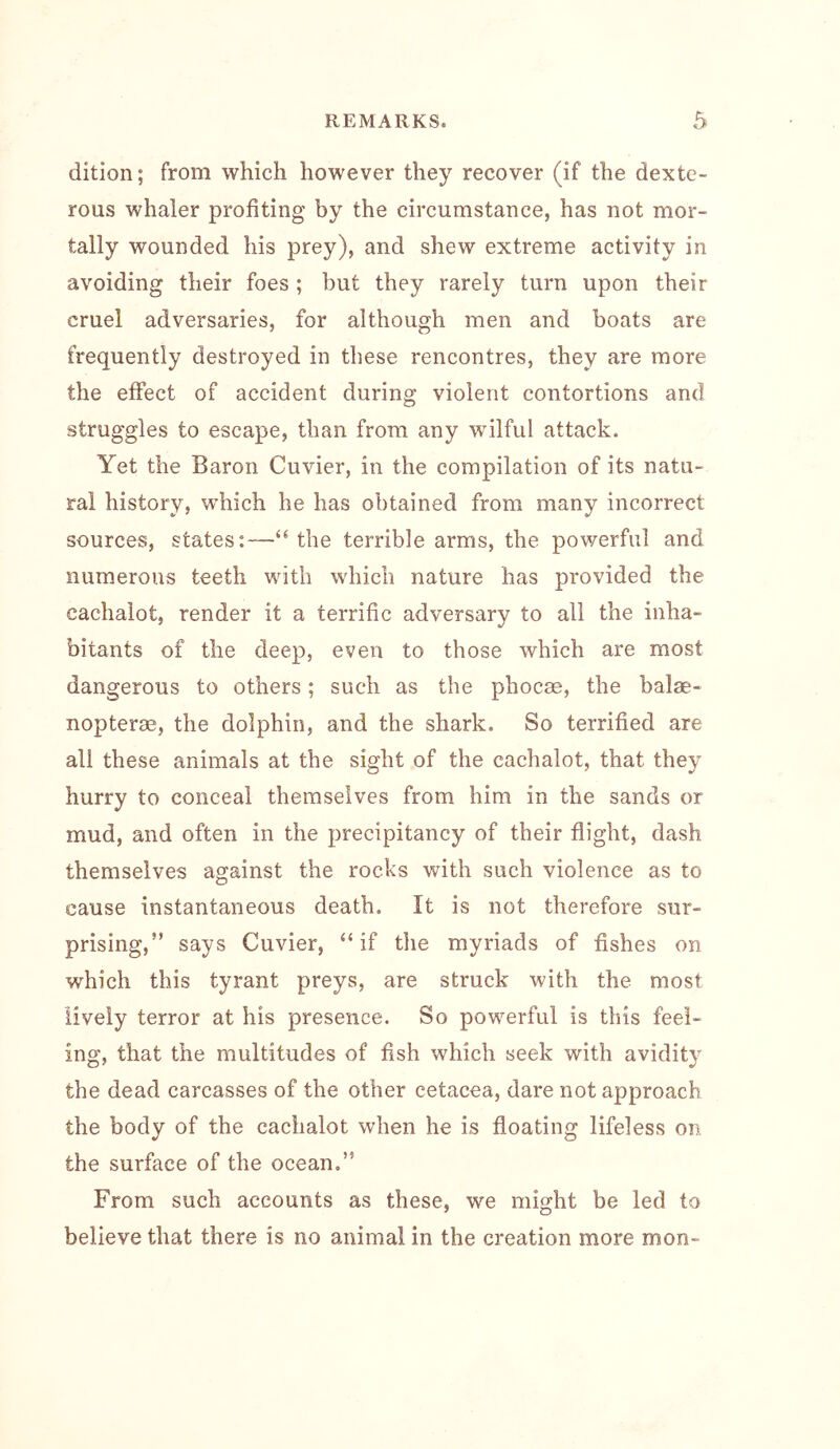 dition; from which however they recover (if the dexte- rous whaler profiting by the circumstance, has not mor- tally wounded his prey), and shew extreme activity in avoiding their foes ; but they rarely turn upon their cruel adversaries, for although men and boats are frequently destroyed in these rencontres, they are more the effect of accident during violent contortions and struggles to escape, than from any wilful attack. Yet the Baron Cuvier, in the compilation of its natu- ral history, which he has obtained from many incorrect sources, states:—“ the terrible arms, the powerful and numerous teeth with which nature has provided the cachalot, render it a terrific adversary to all the inha- bitants of the deep, even to those which are most dangerous to others; such as the phocae, the balae- nopterae, the dolphin, and the shark. So terrified are all these animals at the sight of the cachalot, that they hurry to conceal themselves from him in the sands or mud, and often in the precipitancy of their flight, dash themselves against the rocks with such violence as to cause instantaneous death. It is not therefore sur- prising,” says Cuvier, “if the myriads of fishes on which this tyrant preys, are struck with the most lively terror at his presence. So powerful is this feel- ing, that the multitudes of fish which seek with aviditv the dead carcasses of the other cetacea, dare not approach the body of the cachalot when he is floating lifeless on the surface of the ocean.” From such accounts as these, we might be led to believe that there is no animal in the creation more mon-