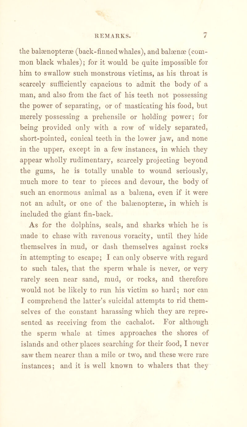 the balaenopterae (back-finned whales), and balaenae (com- mon black whales); for it would be quite impossible for him to swallow such monstrous victims, as his throat is scarcely sufiiciently capacious to admit the body of a man, and also from the fact of his teeth not possessing the power of separating, or of masticating his food, but merely possessing a prehensile or holding power; for being provided only with a row of widely separated, short-pointed, conical teeth in the lower jaw, and none in the upper, except in a few instances, in which they appear wholly rudimentary, scarcely projecting beyond the gums, he is totally unable to wound seriously, much more to tear to pieces and devour, the body of such an enormous animal as a balmna, even if it were not an adult, or one of the balaenopterse, in which is included the giant fin-back. As for the dolphins, seals, and sharks which he is made to chase with ravenous voracity, until they hide themselves in mud, or dash themselves against rocks in attempting to escape; I can only observe with regard to such tales, that the sperm whale is never, or very rarely seen near sand, mud, or rocks, and therefore would not be likely to run his victim so hard; nor can I com.prehend the latter’s suicidal attempts to rid them- selves of the constant harassing which they are repre- sented as receiving from the cachalot. For although the sperm whale at times approaches the shores of islands and other places searching for their food, I never saw them nearer than a mile or two, and these were rare instances; and it is well known to whalers that they