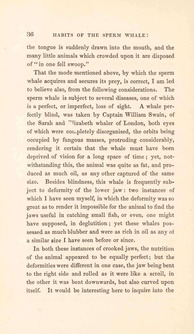 the tongue is suddenly drawn into the mouth, and the many little animals which crowded upon it are disposed of “in one fell swoop.” That the mode mentioned above, by which the sperm whale acquires and secures its prey, is correct, I am led to believe also, from the following considerations. The sperm whale is subject to several diseases, one of which is a perfect, or imperfect, loss of sight. A whale per- fectly blind, was taken by Captain William Swain, of the Sarah and ^Uzabeth whaler of London, both eyes of which were completely disorganised, the orbits being occupied by fungous masses, protruding considerably, rendering it certain that the whale must have been deprived of vision for a long space of time ; yet, not- withstanding this, the animal was quite as fat, and pro- duced as much oil, as any other captured of the same size. Besides blindness, this whale is frequently sub- ject to deformity of the lower jaw : two instances of which I have seen myself, in which the deformity was so great as to render it impossible for the animal to find the jaws useful in catching small fish, or even, one might have supposed, in deglutition; yet these whales pos- sessed as much blubber and were as rich in oil as any of a similar size I have seen before or since. In both these instances of crooked jaws, the nutrition of the animal appeared to be equally perfect; but the deformities were different in one case, the jaw being bent to the right side and rolled as it were like a scroll, in the other it was bent downwards, but also curved upon itself. It would be interesting here to inquire into the