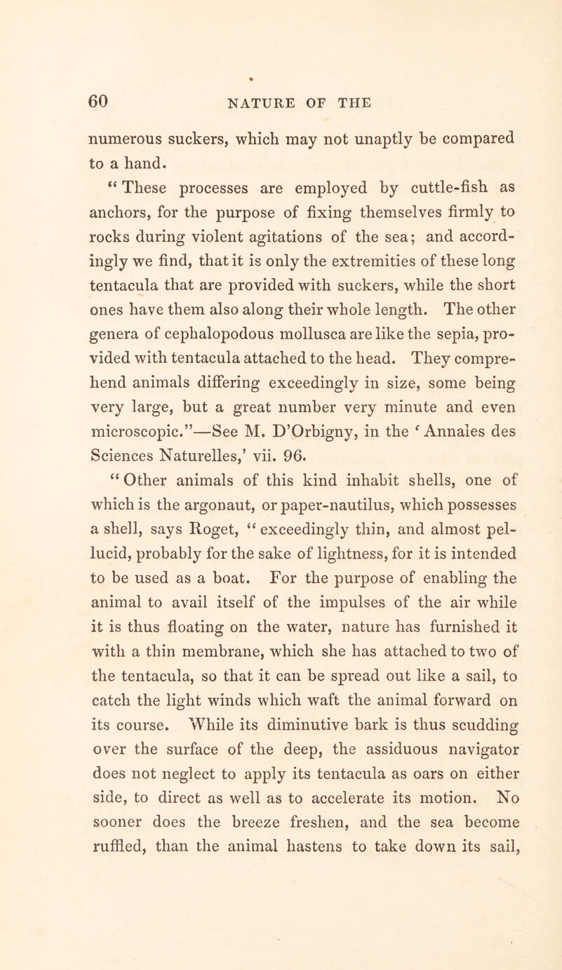 numerous suckers, which may not unaptly be compared to a hand. “ These processes are employed by cuttle-fish as anchors, for the purpose of fixing themselves firmly to rocks during violent agitations of the sea; and accord- ingly we find, that it is only the extremities of these long tentacula that are provided with suckers, while the short ones have them also along their whole length. The other genera of cephalopodous mollusca are like the sepia, pro- vided with tentacula attached to the head. They compre- hend animals differing exceedingly in size, some being very large, but a great number very minute and even microscopic.”—See M. D’Orbigny, in the ^ Annales des Sciences Naturelles,’ vii. 96. “ Other animals of this kind inhabit shells, one of which is the argonaut, or paper-nautilus, which possesses a shell, says Roget, exceedingly thin, and almost pel- lucid, probably for the sake of lightness, for it is intended to be used as a boat. For the purpose of enabling the animal to avail itself of the impulses of the air while it is thus floating on the water, nature has furnished it with a thin membrane, which she has attached to two of the tentacula, so that it can be spread out like a sail, to catch the light winds which waft the animal forward on its course. While its diminutive bark is thus scudding over the surface of the deep, the assiduous navigator does not neglect to apply its tentacula as oars on either side, to direct as well as to accelerate its motion. No sooner does the breeze freshen, and the sea become ruffled, than the animal hastens to take down its sail.