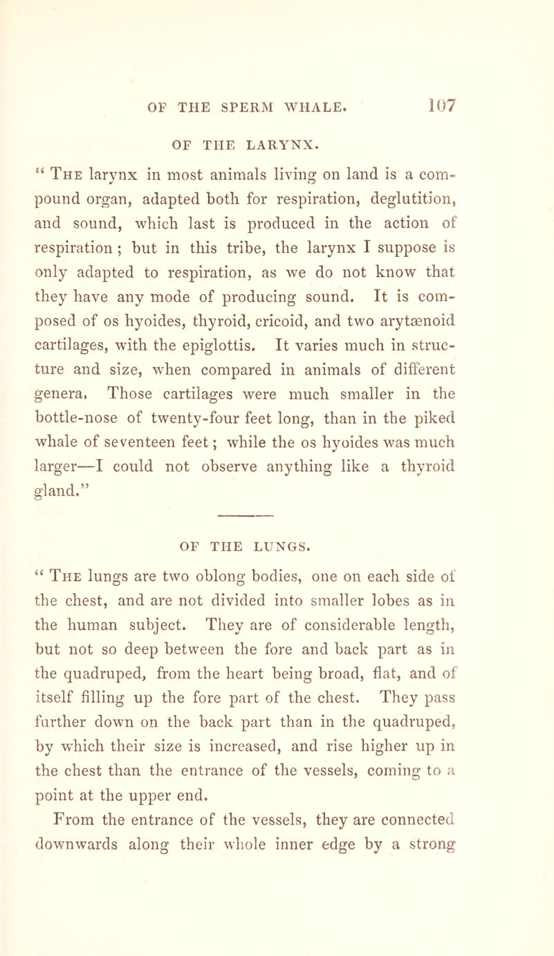 OF THE LARYNX. “ The larynx in most animals living on land is a com- pound organ, adapted both for respiration, deglutition, and sound, which last is produced in the action of respiration ; but in this tribe, the larynx I suppose is only adapted to respiration, as we do not know that they have any mode of producing sound. It is com- posed of os hyoides, thyroid, cricoid, and two arytsenoid cartilages, with the epiglottis. It varies much in struc- ture and size, when compared in animals of different genera, Those cartilages were much smaller in the bottle-nose of twenty-four feet long, than in the piked whale of seventeen feet; while the os hyoides was much larger—I could not observe anything like a thyroid gland.” OF THE LUNGS. “ The lungs are two oblong bodies, one on each side of the chest, and are not divided into smaller lobes as in the human subject. They are of considerable length, but not so deep between the fore and back part as in the quadruped, from the heart being broad, flat, and of itself filling up the fore part of the chest. They pass further down on the back part than in the quadruped, by w^hich their size is increased, and rise higher up in the chest than the entrance of the vessels, coming to a point at the upper end. From the entrance of the vessels, they are connected downwards along their whole inner edge by a strong