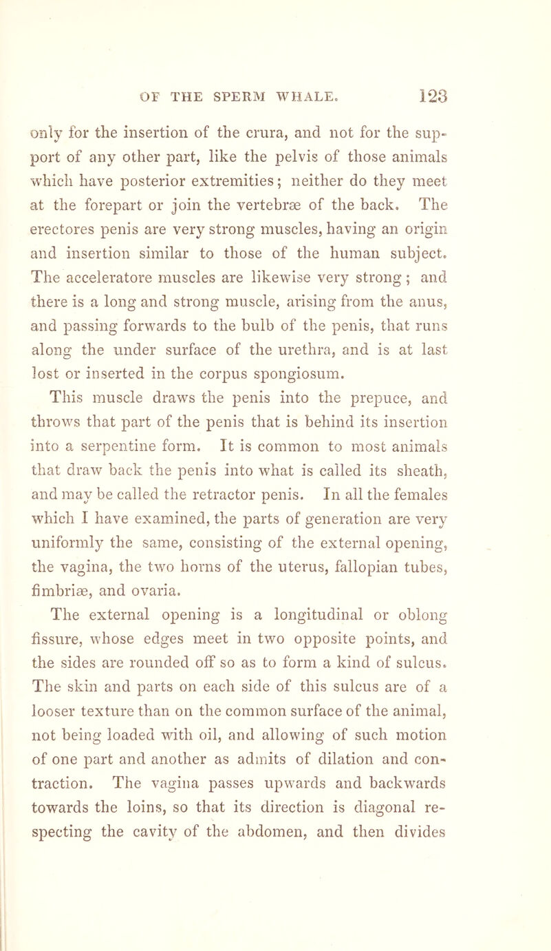 only for the insertion of the crura, and not for the sup- port of any other part, like the pelvis of those animals which have posterior extremities; neither do they meet at the forepart or join the vertebrae of the back. The erectores penis are very strong muscles, having an origin and insertion similar to those of the human subject. The acceleratore muscles are likewise very strong; and there is a long and strong muscle, arising from the anus, and passing forwards to the bulb of the penis, that runs along the under surface of the urethra, and is at last lost or inserted in the corpus spongiosum. This muscle draws the penis into the prepuce, and throws that part of the penis that is behind its insertion into a serpentine form. It is common to most animals that draw back the penis into what is called its sheath, and mav be called the retractor nenis. In all the females V i. which I have examined, the parts of generation are very uniformly the same, consisting of the external opening, the vagina, the two horns of the uterus, fallopian tubes, fimbriae, and ovaria. The external opening is a longitudinal or oblong fissure, whose edges meet in two opposite points, and the sides are rounded off so as to form a kind of sulcus. The skin and parts on each side of this sulcus are of a looser texture than on the common surface of the animal, not being loaded with oil, and allowing of such motion of one part and another as admits of dilation and con- traction. The vagina passes upwards and backw^ards towards the loins, so that its direction is diagonal re- specting the cavity of the abdomen, and then divides