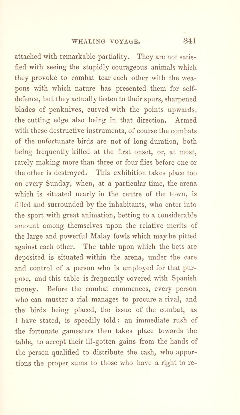 attached with remarkable partiality. They are not satis- fied with seeing the stupidly courageous animals which they provoke to combat tear each other with the wea- pons with which nature has presented them for self- defence, hut they actually fasten to their spurs, sharpened blades of penknives, curved with the points upwards, the cutting edge also being in that direction. Armed with these destructive instruments, of course the combats of the unfortunate birds are not of long duration, both being frequently killed at the first onset, or, at most, rarely making more than three or four flies before one or the other is destroyed. This exhibition takes place too on every Sunday, when, at a particular time, the arena which is situated nearly in the centre of the town, is filled and surrounded by the inhabitants, who enter into the sport with great animation, betting to a considerable amount among themselves upon the relative merits of the large and powerful Malay fowls which may be pitted against each other. The table upon which the bets are deposited is situated within the arena, under the care and control of a person who is employed for that pur- pose, and this table is frequently covered with Spanish money. Before the combat commences, every person who can muster a rial manages to procure a rival, and the birds being placed, the issue of the combat, as I have stated, is speedily told: an immediate rush of the fortunate gamesters then takes place towards the table, to accept their ill-gotten gains from the hands of the person qualified to distribute the cash, who appor- tions the proper sums to those who have a right to re-