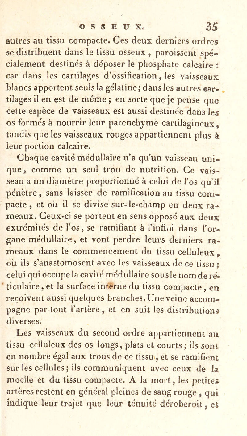 <> r* autres au tissu compacte. Ces deux derniers ordres se distribuent dans le tissu osseux , paroissent spé- cialement destinés à déposer le phosphate calcaire : car dans les cartilages d’ossification, les vaisseaux blancs apportent seuls la gélatine; dans les autres ear- » tilages il en est de même ; en sorte que je pense que celte espèce de vaisseaux est aussi destinée dans les os formés à nourrir leur parenchyme cartilagineux ^ tandis que les vaisseaux rouges appartiennent plus à leur portion calcaire. Chaque cavité médullaire n’a qu’un vaisseau uni- que, comme un seul trou de nutrition. Ce vais- seau a un diamètre proportionné à celui de l’os qu’il pénètre, sans laisser de ramification au tissu com- pacte , et où il se divise sur-le-champ en deux ra- meaux. Ceux-ci se portent en sens opposé aux deux extrémités de l’os, se ramifiant à l’infini dans l’or- gane médullaire, et vont perdre leurs derniers ra- meaux dans le commencement du tissu celluleux p oii ils s’anastomosent avec les vaisseaux de ce tissu : y celui qui occupe la cavité médullaire sousie nomderé» ’ ticulaire, et la surface interne du tissu compacte, en reçoivent aussi quelques branches.Une veine accom- pagne par tout l’artère, et en suit les distributions diverses. Les vaisseaux du second ordre appartiennent au tissu celluleux des os longs, plats et courts ; ils sont en nombre égal aux trous de ce tissu , et se ramifient sur les cellules ; ils communiquent avec ceux de la moelle et du tissu compacte. A la mort, les petites artères restent en général pleines de sang rouge , qui indique leur trajet que leur ténuité déroberoit, et