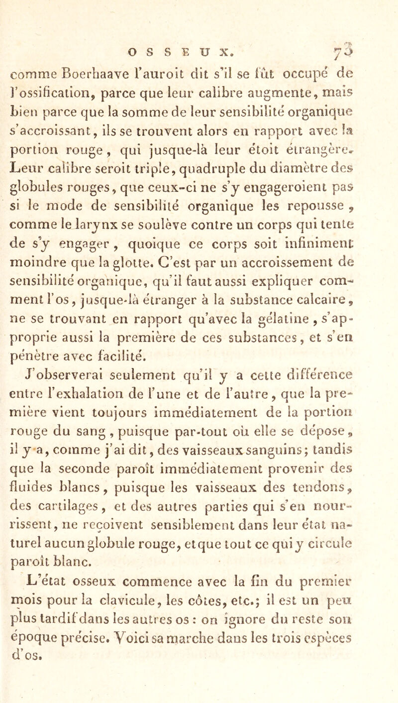 comme Boerbaave Taurolt dit s’il se lut occupe de l’ossification, parce que leur calibre augmente, mais Lien parce que la somme de leur sensibilité organique s’accroissant, ils se trouvent alors en rapport avec fa portion rouge, qui jusque-là leur ëtoit étrangère.^ Leur calibre seroit triple, quadruple du diamètre des globules rouges, que ceux-ci ne s’y engageroient pas si le mode de sensibilité organique les repousse ^ comme le larynx se soulève contre un corps qui tente de sy engager , quoique ce corps soit infiniment moindre que la glotte. C’est par un accroissement de sensibilité organique, qu’il faut aussi expliquer com- ment l’os, jusquedà étranger à la substance calcaire, ne se trouvant en rapport qu’avec la gélatine , s’ap- proprie aussi la première de ces substances, et s’en pénètre avec facilité. J’observerai seulement qu’il y a celte différence entre l’exhalation de l’une et de l’autre, que la pre-^ mière vient toujours immédiatement de la portion rouge du sang , puisque par-tout oîi elle se dépose, il y'a, comme j’ai dit, des vaisseaux sanguins ; tandis que la seconde paroît immédiatement provenir des fluides blancs, puisque les vaisseaux des tendons, des cartilages, et des autres parties qui s’eo nour“ rissent, ne reçoivent sensiblement dans leur état na- ^ •J turel aucun globule rouge, etque tout ce qui y circule pareil blanc. L’état osseux commence avec la fin du premier mois pour la clavicule, les côtes, etc.; il est un peu plus tardif dans les autres os : on ignore du reste son époque précise. Voici sa marche dans les trois espèces d’os.