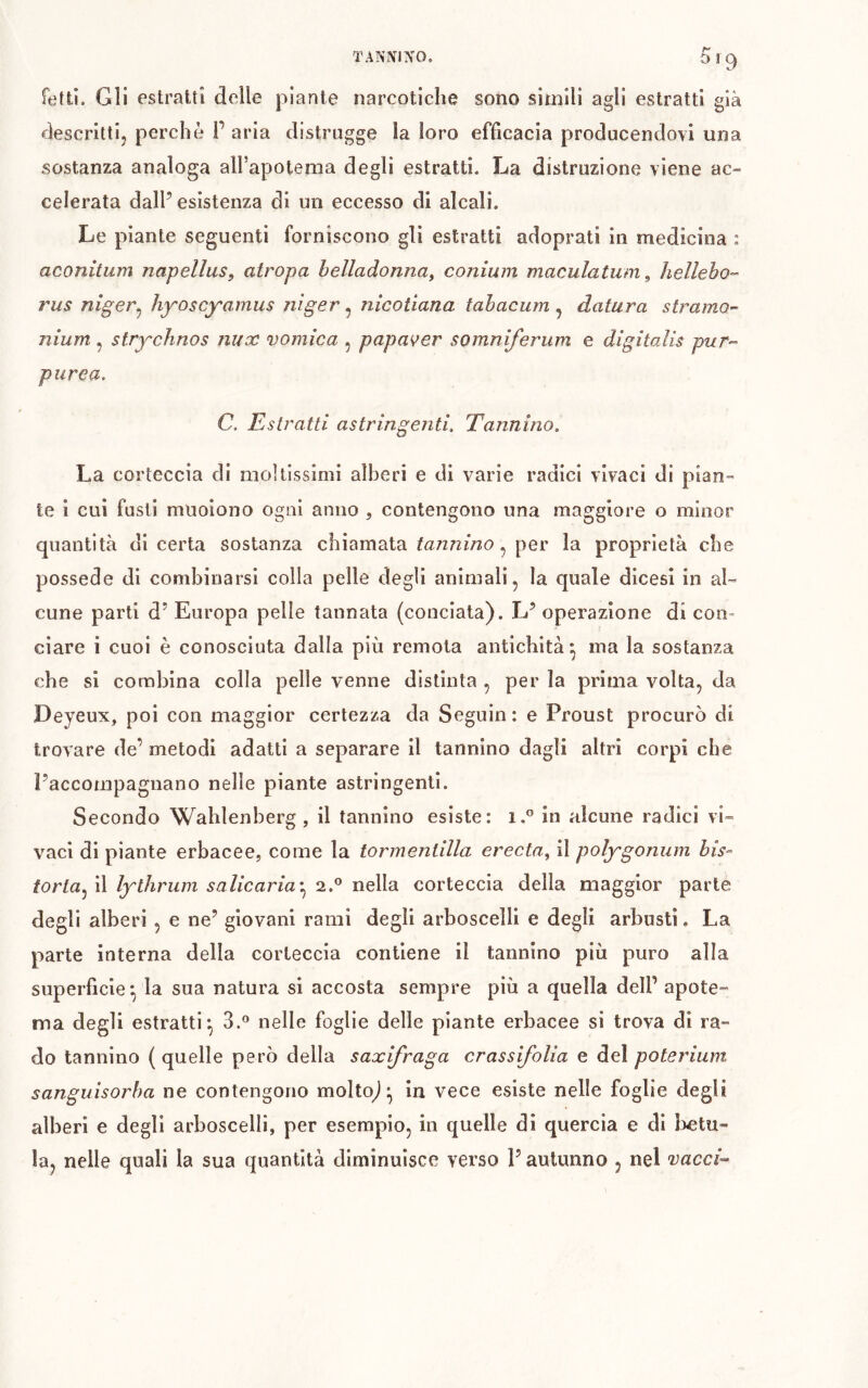 TANIVI^ÎO. ti. Gli estratti delle piante narcotiche sono simili agli estratti già descritti, perchè 1’ aria distrugge la loro efficacia producendovi una sostanza analoga alfapotema degli estratti. La distruzione viene ac- celerata dall’ esistenza di un eccesso di alcali. Le piante seguenti forniscono gli estratti adoprati in medicina : aconitum napellus, atropa belladonna^ conium maculatum^ hellebo-' rus niger^ hyoscyamus niger ^ nicotiana tahacum ^ datura stramO’- nium , strychnos nux vomica , papaver somniferum e digitalis pur- purea. C. Estratti astringenti. Tannino. La corteccia di moltissimi alberi e di varie radici vivaci di pian- te i cui fusti muoiono ogni anno , contengono una maggiore o minor quantità di certa sostanza chiamata ?a?272mo, per la proprietà che possédé di combinarsi colla pelle degli animali, la quale dlcesi in al- cune parti d’ Europa pelle tannata (conciata). L’ operazione di con- ciare i cuoi è conosciuta dalla più remota antichità^ ma la sostanza che si combina colla pelle venne distinta , per la prima volta, da Deyeux, poi con maggior certezza da Seguin : e Proust procurò di trovare de’ metodi adatti a separare il tannino dagli altri corpi che l’accompagnano nelle piante astringenti. Secondo Wahlenberg , il tannino esiste: i.” in alcune radici vi- vaci di piante erbacee, come la tormentilla erecta, il polygonum bis- torta.^ il lythrum salicaria-.^ 2.® nella corteccia della maggior parte degli alberi , e ne’ giovani rami degli arboscelli e degli arbusti. La parte interna della corteccia contiene il tannino più puro alla superficie*, la sua natura si accosta sempre più a quella dell’ apote- ma degli estratti*, 3.® nelle foglie delle piante erbacee si trova di ra- do tannino ( quelle però della saxifraga crassifolia e del poterium sanguìsorha ne contengono molto) ^ in vece esiste nelle foglie degli alberi e degli arboscelli, per esempio, in quelle di quercia e di l^otu- ìa, nelle quali la sua quantità diminuisce verso l’autunno , nel vacci-