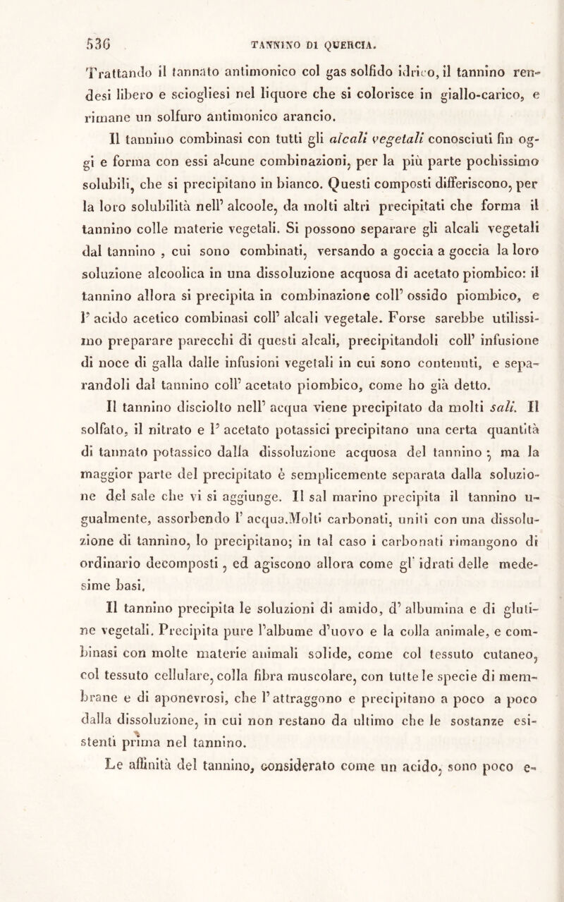 .^36 TA!SNiXO Dl QUERCIA. Trattando il tannato antimonico col gas solfido idrico, il tannino reo- desi libero e sciogliesi nel liquore che si colorisce in giallo-carico, e rimane un solfuro antimonico arancio. 11 tannino combinasi con tutti gli alcali vegetali conosciuti fin og- gi e forma con essi alcune combinazionij per la più parte pochissimo solubili, che si precipitano in bianco. Questi composti differiscono, per la loro solubilità nell’ alcoole, da molti altri precipitati che forma il tannino colle materie vegetali. Si possono separare gli alcali vegetali dal tannino , cui sono combinati, versando a goccia a goccia la loro soluzione alcoolica in una dissoluzione acquosa di acetato piombico: il tannino allora si precipita in combinazione coll’ ossido piombico, e l'acido acetico combinasi coll’ alcali vegetale. Forse sarebbe utilissi- mo preparare parecchi di questi alcali, precipitandoli coll’ infusione di noce di galla dalle infusioni vegetali in cui sono contenuti, e sepa- randoli dal tannino coll’ acetato piombico, come ho già detto. Il tannino disciolto nell’ acqua viene precipitato da molti sali. Il solfato, il nitrato e V acetato potassici precipitano una certa quantità di tannato potassico dalla dissoluzione acquosa del tannino ^ ma la maggior parte del precipitato è semplicemente separata dalla soluzio- ne del sale che vi si aggiunge. Il sai marino precipita il tannino u- giialmente, assorbendo l’ acqua.Molti carbonati, uniti con una dissolu- zione di tannino. Io precipitano; in tal caso i carbonati rimangono di ordinario decomposti, ed agiscono allora come gl* idrati delle mede- sime basi, II tannino precipita le soluzioni di amido, d’ albumina e di gluti- ne vegetali. Precipita pure l’albume d’uovo e la colla animale, e com- binasi con molte materie animali solide, come col tessuto cutaneo, col tessuto cellulare, colla fibra muscolare, con tutte le specie di mem- brane e di aponevrosi, che l’attraggono e precipitano a poco a poco dalla dissoluzione, in cui non restano da ultimo che le sostanze esi- stenti prima nel tannino. Le affinità del tannino, consideralo come un acido, sono poco e-