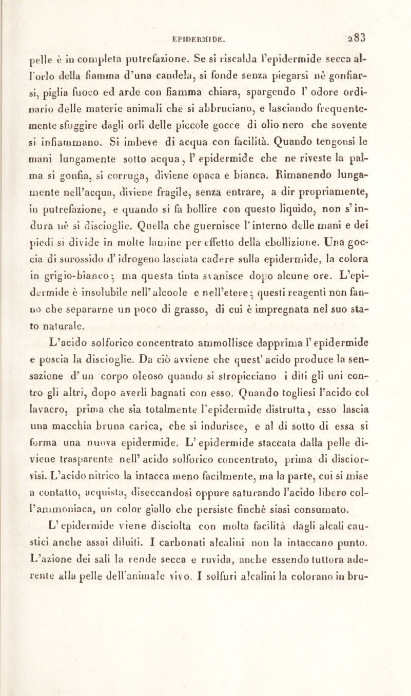 pelle è iu completa putrefazione. Se si riscalda Pepidermide secca al- l’orlo della fiamma d’una candela, si fonde senza piegarsi nè gonfiar- si, piglia fuoco ed arde con fiamma chiara, spargendo P odore ordi- nario delle materie animali che si abbruciano, e lasciando frequente- mente sfuggire dagli orli delle piccole gocce di olio nero che sovente si infiammano. Si imbeve di acqua con facilità. Quando tengonsi le mani lungamente sotto acqua, P epidermide che ne riveste la pal- ma si gonfia, si corruga, diviene opaca e bianca. Rimanendo lunga- mente nelPacqua, diviene fragile, senza entrare, a dir propriamente, in putrefazione, e quando si fa bollire con questo liquido, non s’in- dura nè si discioglle. Quella che guernisce l’interno delle mani e dei piedi si divide in molle lamine per effetto della ebollizione. Una goc- cia di surossido d’idrogeno lasciata cadere sulla epidermide, la colora in grigio-bianco* ma questa tinta svanisce dopo alcune ore. L’epi- deimide è insolubile nell’alcoole e nell’etere^ questi reagenti non fan- no che separarne un poco di grasso, di cui è impregnata nel suo sta- to naturale. L’acido solforico concentrato ammollisce dapprima P epidermide e poscia la discioglie. Da ciò avviene che quest’acido produce la sen- sazione d’ un corpo oleoso quando si stropicciano i diti gli uni con- tro gli altri, dopo averli bagnati con esso. Quando togliesi l’acido col lavacro, prima che sia totalmente Pepidermide distrutta, esso lascia una macchia bruna carica, che si indurisce, e al di sotto di essa si forma una ninwa epidermide. L’epidermide staccata dalla pelle di- viene trasparente nelP acido solforico concentrato, prima di discior- visi. L’acido nitrico la intacca meno facilmente, ma la parte, cui si mise a contatto, acquista, diseccandosi oppure saturando Pacido libero col- l’ammoniaca, un color giallo che persiste finché siasi consumato. L’epidermide viene disciolta con molta facilità dagli alcali cau- stici anche assai diluiti. I carbonati alcalini non la intaccano punto. L’azione dei sali la rende secca e ruvida, anche essendo tuttora ade- rente alla pelle delf animale vivo. I solfuri alcalini la colorano iu bru-