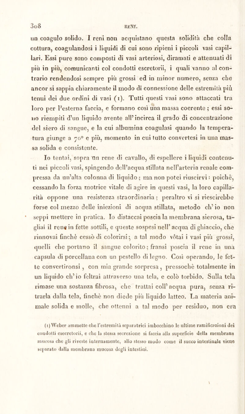 un coagulo solido. I reni non acquistano questa solidità che colla cottura, coagulandosi i liquidi di cui sono ripieni i piccoli vasi capil- lari. Essi pure sono composti di vasi arteriosi, diramati e attenuati di più in più, comunicanti coi condotti escretorii, i qiiali vanno al con- trarlo rendendosi sempre più grossi ed in minor numero, senza che ancor si sappia chiaramente il modo di connessione delle estremità più tenui dei due ordini di vasi (i). Tutti questi vasi sono attaccati tra loro per Pesterna faccia, e formano così una massa coerente ; essi so- no riempiti d’un liquido avente all’incirca il grado di concentrazione del siero di sangue, e la cui albumina coagulasi quando la tempera- tura giunge a e più, momento in cui tutto convertesi in una mas- sa solida e consistente. Io tentai, sopra on rene di cavallo, di espellere i liquidi contenu- ti nei piccoli vasi, spingendo dell’acqua stillata nell’arteria renale com- pressa da un’alta colonna di liquido ; ma non potei riuscirvi : poiché, cessando la forza motrice vitale di agire in questi vasi, la loro capilla- rità oppone una resistenza straordinaria ; peraltro vi si riescirebbe forse col mezzo delle iniezioni di acqua stillata, metodo eh’ io non seppi mettere in pratica. Io distaccai poscia la membrana sierosa, ta- gliai il renaio fette sottili, e queste sospesi nell’acqua di ghiaccio, che rinnovai Gnchè cessò di colorirsi ^ a tal modo votai i vasi più grossi, quelli che portano il sangue colorito ; fransi poscia il rene in una capsula di porcellana con un pestello dileguo. Così operando, le fet- te convertironsi , con mia grande sorpresa, pressoché totalmente in un liquido ch’io feltrai attraverso una tela, e colò torbido. Sulla tela rimase una sostanza fibrosa, che trattai coll’acqua pura, senza ri- trarla dalla tela, finché non diede più liquido latteo. La materia ani- male solida e molle, che ottenni a tal modo per residuo, non era (i) Weber ammette che Testremità separatrici imbocchino le ultime ramificazioni dei condotti esecretorii, e che la stessa secrezione si faccia alla superficie della membrana mucosa che gli riveste ioternamente, allo stesso modo come il succo intestinale viene separalo dalla membrana mucosa degli intestini.