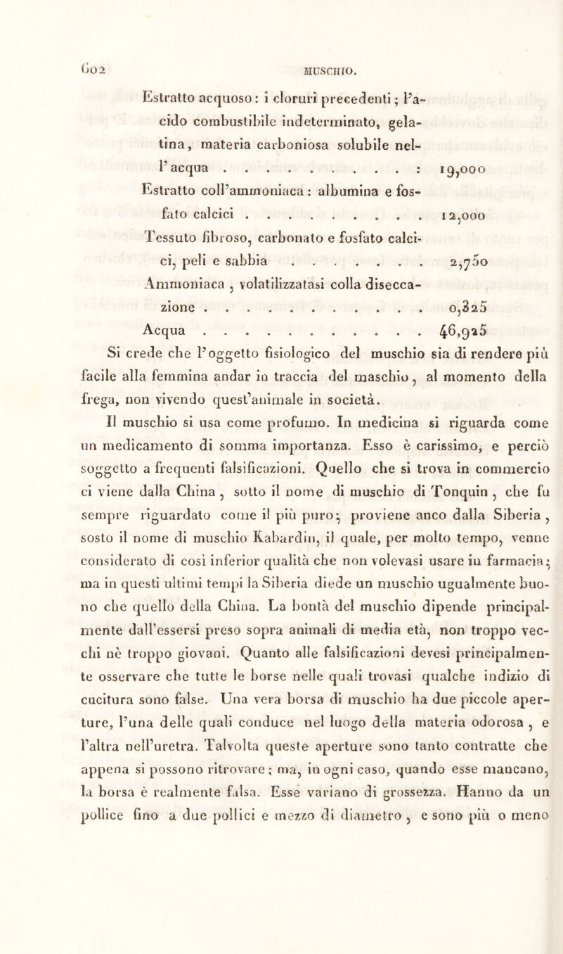 ÌJ02 Estratto acquoso : ì cloruri precedenti ; l’a- cido corabuslihile indeterminato, gela- tina, materia carboniosa solubile nel- l’acqua : i9jOoo Estratto coll’ammoniaca: albumina e fos- fato calcici 12,000 Tessuto fibroso, carbonato e fosfato calci- ci, peli e sabbia 2,^7v5o Ammoniaca , volatilizzatasi colla disecca- zione 0,32 5 Acqua Si crede che l’oggetto fisiologico del muschio sia di rendere più facile alla femmina andar in traccia del maschio, al momento della V / frega, non vivendo quest’animale in società. Il muschio si usa come profumo. In medicina si riguarda come un medicamento di somma importanza. Esso è carissimo, e perciò soggetto a frequenti falsificazioni. Quello che si trova in commercio ci viene dalla China , sotto il nome di muschio di Tonquin , che fu sempre riguardato coinè il più puro- proviene anco dalla Siberia, sosto il nome di muschio Rabardin, il quale, per molto tempo, venne considerato di cosi inferior qualità che non volevasi usare in farmacia* ma in questi ultimi tempi la Siberia diede un muschio ugualmente buo- no che quello della China. La bontà del muschio dipende principal- mente dall’essersi preso sopra animali di media età, non troppo vec- chi nè troppo giovani. Quanto alle falsificazioni devesi principalmen- te osservare che tutte le borse nelle quali trovasi qualche indizio di cucitura sono false. Una vera borsa di muschio ha due piccole aper- ture, l’una delle quali conduce nel luogo della materia odorosa , e l’altra nell’uretra. Talvolta queste aperture sono tanto contratte che appena si possono ritrovare; ma, in ogni caso, quando esse mancano, la borsa è realmente falsa. Esse variano di grossezza. Hanno da un pollice fino a due pollici e mezzo di diametro , e sono più o meno