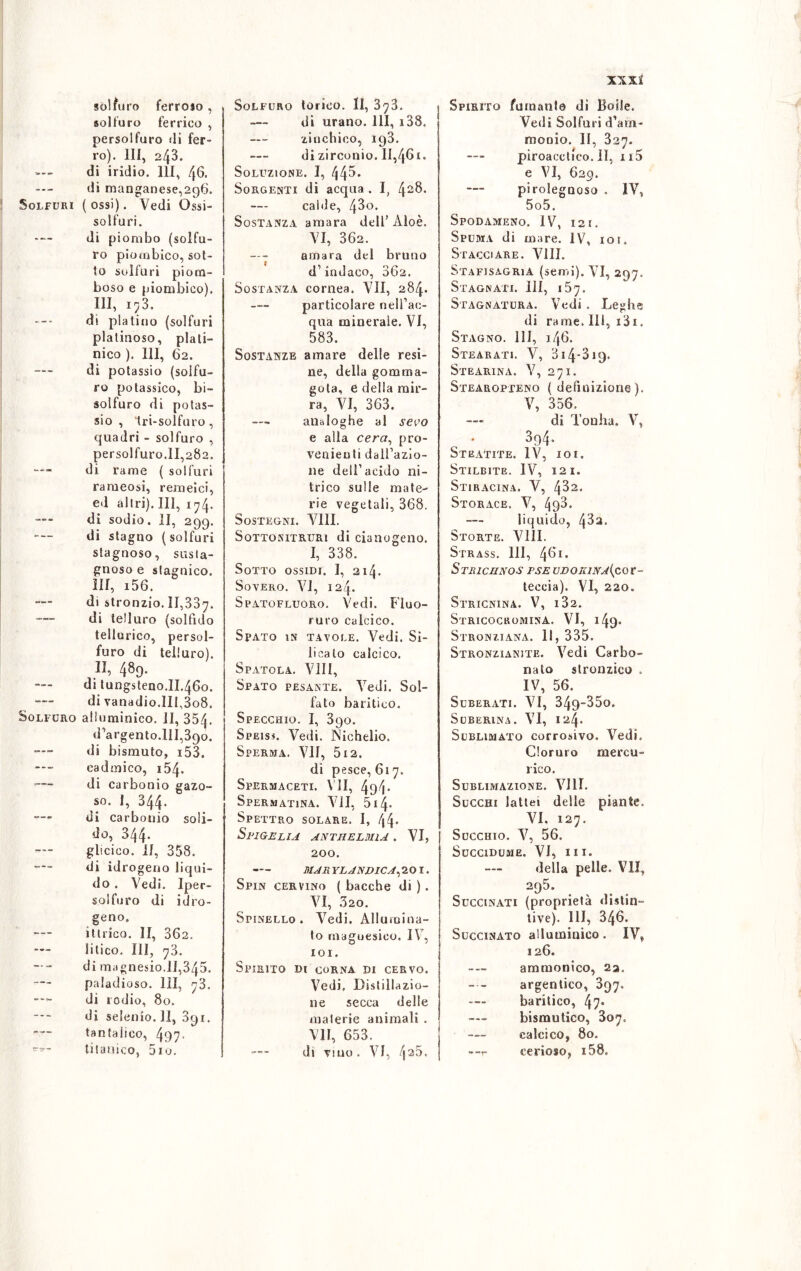 solfuro ferroso, solfuro ferrico , persolfuro di fer- ro). Ili, 243. di iridio. Ili, /j6. di manganese,296. Solfuri (ossi). Vedi Ossi- solfuri. di piombo (solfu- ro piombico, sot- to solfuri piom- boso e piombico). Ili, i^3. — di platino (solfuri platinoso, piati- sco ). Ili, 62. — di potassio (solfu- ro potassico, bi- solfuro di potas- sio , tri-solfuro, quadri - solfuro , persolfuro.li,282. di rame ( solfuri rameosi, remeici, ed altri). Ili, 174. di sodio. II, 299. di stagno (solfuri stagnoso, susia- gnoso e slagnico. !II, i56. di stronzio. 11,337. di telluro (solfulo teli urico, persol- furo di teliuro). II, 489. di tungsteno.il.460. di vanadio.Ili,3o8. Solfuro alluminico. II, 354. d’argento.Ili,390. di bismuto, i53. cadmico, 154. di carbonio gazo- so. I, 344* — di carbonio soli- do, 344* gbcico. Il, 358. di idrogeno liqui- do . Vedi. Iper- solfuro di idro- geno. — ittrico. II, 362. litico. Ili, 73. di magnesio.li,345. — paladioso. Ili, 73. di rodio, 80. di selenio, li, 391. •*-- tantalico, 497* titanico, 5io. Solfuro torîco. II, 873. di orano. 111, i38. — ziucSiico, 193. — di zirconio. Il,46i. Soluzione. I, 44^* Sorgenti di acqua . I, 42$. calde, 43o. Sostanza amara dell’ Àloè. VI, 862. — ~ amara del bruno d’indaco, 362. Sostanza cornea. VII, 284. — particolare nell’ae- qua minerale. VI, 583. Sostanze amare delle resi- ne, della gomma- gota, e della mir- ra, VI, 363. — analoghe al sevo e alia cera, pro- venienti dall’azio- ne dell’acido ni- trico sulle mate- rie vegetali, 368. Sostegni. Vili. SoTTOKiTRURi di cianogeno. I, 338. Sotto ossidi. I, 214. Sovero. Vi, 124. Spatofluoro. Vedi. Fluo- ruro calcico. Spato in tavole. Vedi. Si- licato calcico. Spatola. Vili, Spato pesante. Vedi. Sol- fato barbico. Specchio. I, 890. Speiss. Vedi. Nichelio. Sperma. VII, 512. di pesce, 617. Spermaceti. VII, 494. Spermatina. VII, 5iZi- Spettro solare. I, 44’ S PIGE LIA ANTHELMlA . VI, 200. MAR YL ANDICA, 201. Spin cervino ( bacche di ). VI, 320. Spinello. Vedi. Allumina- to maguesieo. IV, IOI. Spirito di corna di cervo. Vedi, Distillazio- ne secca delle materie animali . VII, 653. di vino. VI, 425. Spirito fumante di Bolle. Vedi Solfuri d’am- monio. II, 827. piroacctico.il, n5 e VI, 629. pirolegooso . IV, 5o5„ Spodameno. IV, 121. Spuma di mare. IV, ioi. Stacciare. Vili. Stafisagria (semi). VI, 297. Stagnati. Ili, 157. Stagnatura. Vedi . Leghe di rame. Ili, idi. Stagno. Ili, 146. Stearati. V, 3i4*3i9. Stearina. V, 271. Stearopteno ( definizione ). V, 356. di Tonha. V, 894, Steatite. IV, 101, Stilb ite. IV, 121. Stiracina. V, 432. Storace. V, 4q3. liquido, 482, Storte. Vili. Strass. Ili, 461 * S rii 1 cu nos pseudoeina{cov~ teceia), VI, 220. Stricnina. V, 182. Stricocromina. VI, 149. Stronziana. 11, 335. Stronzianite. Vedi Carbo- nato stronzico . IV, 56. SOBERATI. VI, 349“35o. Suberina. VI, iA/j- Sublimato corrosivo. Vedi. Cloruro mercu- rico. Sublimazione. VI IL Succhi lattei delle piante. VI. 127, Succhio. V, 56, Succidume. VI, III. della pelle, VII, Succinati (proprietà distin- tive). Ili, 346. Succinato alluminico. IV» 126. ammonico, 23. argentico, 897. baritico, 47» — bismutieo» 807, — calcico, 80. *-r cerioso, i58.