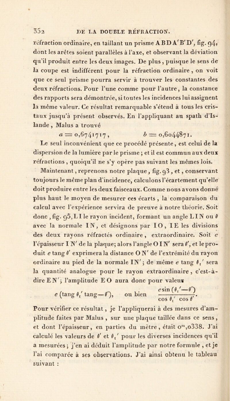 w r* réfraction ordinaire, en taillant un prisme ABDAfB'Dr, fig. q4» dont les arêtes soient parallèles à l’axe, et observant la déviation qu’il produit entre les deux images. De plus , puisque le sens de ïa coupe est indifférent pour la réfraction ordinaire , on voit que ce seul prisme pourra servir à trouver les constantes des deux réfractions. Pour l’une comme pour l’autre, la constance des rapports sera démontrée, si toutes les incidences lui assignent la même valeur. Ce résultat remarquable s’étend à tous les cris- taux jusqu’à présent observés. En l’appliquant au spath d’Is- lande , Malus a trouvé « = 0,674.1717, & = o,6o44871* Le seul inconvénient que ce procédé présente, est celui de la dispersion de la lumière par le prisme ; et il est commun aux deux réfractions , quoiqu’il ne s’y opère pas suivant les mêmes lois. Maintenant, reprenons notre plaque, fig. g3 , et, conservant toujours le même plan d’incidence, calculons l’écartement qu’elle doit produire entre les deux faisceaux. Comme nous avons donné plus haut le moyen de mesurer ces écarts , la comparaison du calcul avec l’expérience servira de preuve à notre théorie. Soit donc , fig. q5,LI le rayon incident, formant un angle LIN ou ô avec la normale IN, et désignons par 10, IE les divisions des deux rayons réfractés ordinaire , extraordinaire. Soit e l’épaisseur I N' de la plaque; alors l’angle OIN' sera 0', et le pro- duit e tang 0' exprimera la distance O N' de l’extrémité du rayon ordinaire au pied de la normale IN'; de même e tang 0/ sera la quantité analogue pour le rayon extraordinaire , c’est-à- dire EN'; l’amplitude EO aura donc pour valeus . , , esin(0/—0') e (tang 6t tang— fl), ou bien — Pour vérifier ce résultat, je l’appliquerai à des mesures d’am- plitude faites par Malus , sur une plaque taillée dans ce sens , et dont l’épaisseur, en parties du mètre, était om,o338. J’ai calculé les valeurs de 0' et 0/ pour les diverses incidences qu’il a mesurées ; j’en ai déduit l’amplitude par notre formule , et je l’ai comparée à ses observations. J’ai ainsi obtenu le tableau suivant :