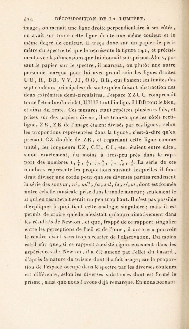 image, on menait une ligne droite perpendiculaire à ses cotés, on avait sur toute cette ligne droite une même couleur et le même degré de couleur. 11 traça donc sur un papier le péri- mètre du spectre tel que le représente la figure ] 41, et précisé- ment avec les dimensions que lui donnait son prisme. Alors, po- sant le papier sur le spectre, il marqua, ou plutôt une autre personne marqua pour lui avec grand soin les lignes droites U U, II, B B, V Y, JJ, OO, BR, qui fixaient les limites des sept couleurs principales; de sorte qu’en faisant abstraction des deux extrémités demi-circulaires, l’espace ZZUU comprenait toute l’étendue du violet, U UI ï tout l’indigo, 11 B B tout le bleu, et ainsi du reste. Ces mesures étant répétées plusieurs fois, et prises sur des papiers divers , il se trouva que les côtés recti- lignes Z R , Z R de l’image étaient divisés par ces lignes , selon les proportions représentées dans la figure ; c’est-à-dire qu’en prenant CZ double de ZR, et regardant cette ligne comme unité, les longueurs CZ, CU, CI, etc, étaient entre elles, sinon exactement, du moins à très-peu près dans le rap- port des nombres 1, |, |, |, j, La série de ces nombres représente les proportions suivant lesquelles il fau- drait diviser une corde pour que ses diverses parties rendissent la série des sons ut, ré , mi9, fa , sol, la , si, ut, dont est formée notre échelle musicale prise dans le mode mineur ; seulement le si qui en résulterait serait un peu trop haut. II n’est pas possible l d’expliquer à quoi tient cette analogie singulière ; mais il est permis de croire qu’elle n’existait qu’approximativement dans les résultats de Newton , et que, frappé de ce rapport singulier entre les perceptions de l’œil et de l’ouïe, il aura cru pouvoir le rendre exact sans trop s’écarter de l’observation. Du moins est-il sûr que, si ce rapport a existé rigoureusement dans les expériences de Newton , il a été amené par l’effet du hasard , d’après la nature du prisme dont il a fait usage ; car la propor- tion de l’espace occupé dans le spectre par les diverses couleurs est différente, selon les diverses substances dont est formé le prisme , ainsi que nous l’avons déjà remarqué. En nous bornant