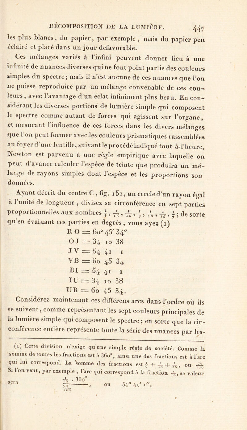 les plus blancs, du papier, par exemple , mais du papier peu éclairé et placé dans un jour défavorable. Ces mélanges variés à l’infini peuvent donner lieu à une infinité de nuances diverses qui ne font point partie des couleurs simples du spectre ; mais il n’est aucune de ces nuances que l’on ne puisse reproduire par un mélange convenable de ces cou- leurs , avec l’avantage d’un éclat infiniment plus beau. En con- sidérant les diverses portions de lumière simple qui composent le spectre comme autant de forces qui agissent sur l’organe, et mesurant l’influence de ces forces dans les divers mélanges que l’on peut former avec les couleurs prismatiques rassemblées au foyer d’une lentille, suivant le procédé indiqué tout-à-l’heure, Newton est parvenu à une règle empirique avec laquelle on peut d avance calculer 1 espèce de teinte que produira un mé- lange de rayons simples dont l’espèce et les proportions son données. Ayant décrit du centre C , fig. j 51, un cercle d’un rayon égal à l’unité de longueur , divisez sa circonférence en sept parties proportionnelles aux nombres f, -A , _L , 1, -A , J_ , 1. de sorte qu’en évaluant ces parties en degrés, vous ayez (i) RO = 6o° /f5' 34* O J = 34 1 o 38 jy = 54 41 z y b — 60 45 34 BI r= 54 41 1 IU ~ 34 10 38 U R. = 60 45 34. Considérez maintenant ces différens arcs dans l’ordre où ils se suivent, comme représentant les sept couleurs principales de la lumière simple qui composent le spectre ; en sorte que la cir- conférence entière représente toute la série des nuances par les- (1) Cette division n’exige qu’une simple règle de société. Comme la somme de toutes les fractions est à 36o°, ainsi une des fractions est à l’arc qui lui coirespond. La somme des fractions est 4- JL JL ? 0u Si l’on veut, par exemple , l’arc qui correspond à la fraction 4, sa valeur 1% . 36o° sera ou 54° 4 y l'V