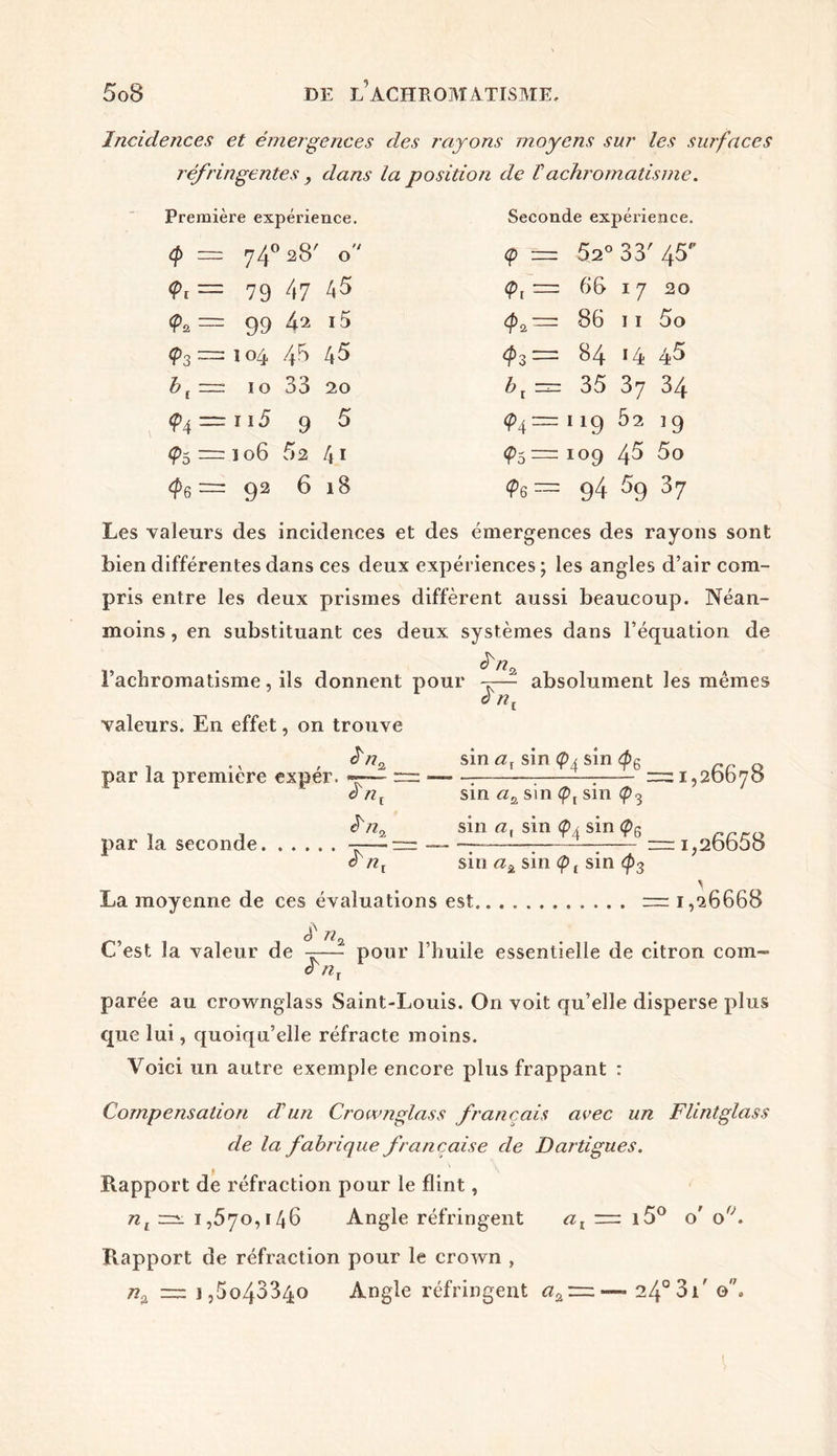 Incidences et émergences des rayons moyens sur les surfaces réfringentes, dans la position de Vachromatisme. Première expérience. tp = 74° 28' o'' 79 47 45 <Pa= 99 42 l5 (p3 — 104 45 45 b10 33 20 <P4~ii5 9 5 <£>5 = ] 06 52 4 I (pQ = 92 6 18 Seconde expérience. <p = 52° 33'45 0, = 66 I 7 20 4>2— 86 11 5o $3 = 84 *4 45 6r= 35 37 34 <P4~ 1 19 02 19 <Ps~ Ï09 45 5o (p6— 94 5g 37 Les valeurs des incidences et des émergences des rayons sont bien différentes dans ces deux expériences ; les angles d’air com- pris entre les deux prismes diffèrent aussi beaucoup. Néan- moins , en substituant ces deux systèmes dans l’équation de l’achromatisme, ils donnent pour ^— absolument les mêmes 0 nt valeurs. En effet, on trouve ci/?2 sin ax sin (p4 sin ïnt ” sin sin <pt sin (p3 1 , n% sin at sin <p4 sin <p5 par la seconde -r—- ~ — -7- : — — 1,20000 par la première expér. 1,26678 n r sm aà sin <pt sin <p3 La moyenne de ces évaluations est — 1,26668 C’est, la valeur de ——- pour l’huile essentielle de citron com- 0 nx parée au crownglass Saint-Louis. O11 voit qu’elle disperse plus que lui, quoiqu’elle réfracte moins. Voici un autre exemple encore plus frappant : Compensation d’un Crownglass français avec un Flintglass de la fabrique française de Dartigues. Rapport de réfraction pour le flint, nt 1,570,146 Angle réfringent ax — i5° o' o. Rapport de réfraction pour le crown , n% ~ 3,5o4334o Angle réfringent — 24° 3i' o'\