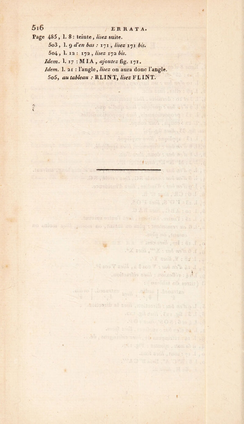 5l6 / ERRATA. Page 4*>5 , 1. 8 : teinte , lisez suite. 5o3 , 1. 9 d’en bas : 171, lisez 171 bis. 504, 1. 12 : 172 , lisez 172 bis. Idem. 1. 17 :MIA, ajoutez iig. 171. Jdem. 1. 21 : l’angle, lisez on aura donc l’angle, 505, au tableau : RL IN T, lisez FL INT, \ f