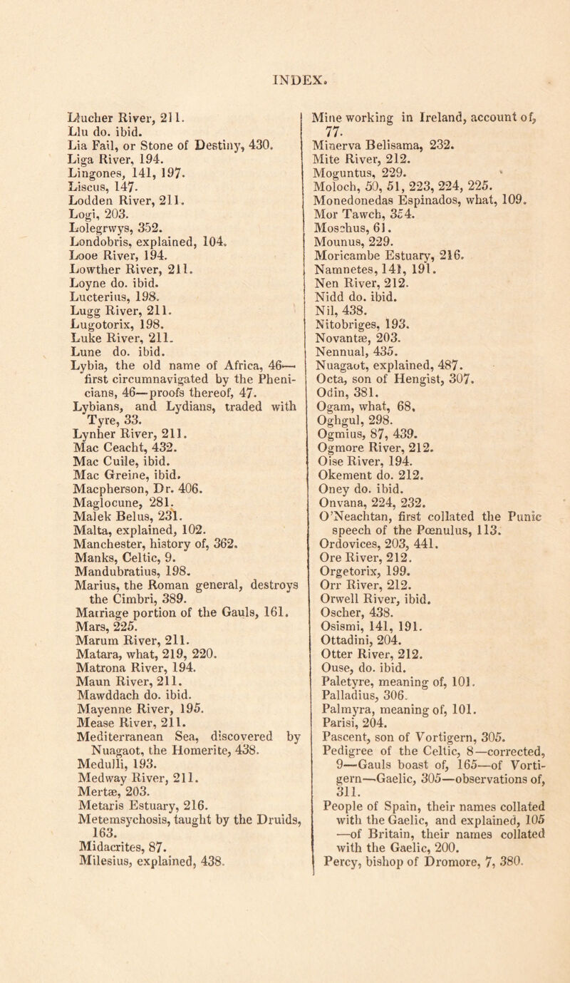 Llucher River, 211, Liu do. ibid. Lia Fail, or Stone of Destiny, 430. Liga River, 194. Lingones, 141, 197. Liscus, 147. Lodden River, 211. Logi, 203. Lolegrvvys, 352. Londobris, explained, 104„ Looe River, 194. Lowther River, 211. Loyne do. ibid. Lucterius, 198. Lugg River, 211. Lugotorix, 198. Luke River, 211. Lune do. ibid. Lybia, the old name of Africa, 46^-- first circumnavigated by the Pheni- cians, 46—proofs thereof, 47. Lvbians, and Lydians, traded with Tyre, 33. Lynher River, 211. Mac Ceacht, 432. Mac Guile, ibid. Mac Greine, ibid. Macpherson, Dr. 406. Maglocune, 281. Malek Belus, 231. Malta, explained, 102. Manchester, history of, 362. Manks, Celtic, 9. Mandubratius, 198. Marius, the Roman general, destroys the Cimbri, 389. Marriage portion of the Gauls, 161. Mars, 225. Marum River, 211. Matara, what, 219, 220. Matrona River, 194. Maun River, 211. Mawddach do. ibid. Mayenne River, 195. Mease River, 211. Mediterranean Sea, discovered by Nuagaot, the Homerite, 438. Medulli, 193. Medway River, 211. Mertae, 203. Metaris Estuary, 216. Metemsychosis, taught by the Druids, 163. Midacrites, 87. Milesius, explained, 438. Mitre working in Ireland, account of, 77. Minerva Belisama, 232. Mite River, 212. Moguntus, 229. Moloch, 59, 51, 223, 224, 225. Monedonedas Espinados, what, 109. Mor Tawch, 354. Moschus, 61. Mounus, 229. Moricambe Estuary, 216. Namnetes, 141, 191. Nen River, 212. Nidd do. ibid. Nil, 438. Nitobriges, 193. Novantae, 203. Nennual, 435. Nuagaot, explained, 487. Octa, son of Hengist, 307. Odin, 381. Ogam, what, 68, Oghgul, 298. Ogmius, 87, 439. Ogmore River, 212. Oise River, 194. Okement do. 212. Oney do. ibid. Onvana, 224, 232. O’Neachtan, first collated the Punic speech of the Poenulus, 113. Ordovices, 203, 441. Ore River, 212. Orgetorix, 199. Orr River, 212. Orwell River, ibid. Oscher, 438. Osismi, 141, 191. Ottadini, 204. Otter River, 212. Ouse, do. ibid. Paletyre, meaning of, 101. Palladius, 306. Palmyra, meaning of, 101. Parisi, 204. Pascent, son of Vortigern, 305. Pedigree of the Celtic, 8—corrected, 9—Gauls boast of, 165—of Vorti- gern—-Gaelic, 305—observations of, 311. People of Spain, their names collated with the Gaelic, and explained, 105 —of Britain, their names collated with the Gaelic, 200. Percy, bishop of Dromore, 7, 380.