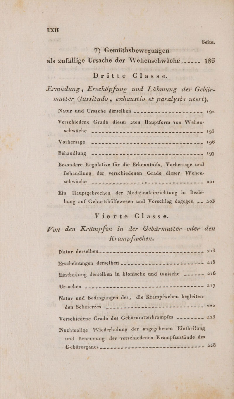 LXT z f Seite, 7) Gemüthsbewegungen als zufällige Ursache der Wehenschwäche....... 186 Dritte Classe. Ermiüdung, Erschöpfung und Lähmung der Gebär- mutter (lassitudo , exhaustio.et paralysis uteri). Natur und Ursache derselben _-------_-------..... 192 Verschiedene Grade dieser 2ten Hauptform von Wehen- Benwäache un uhrei e w 193 Morherssge: u hist er a ee a a 196 Behandlung 2. „23.2, Be en Eee 197 Besondere Regulative für die Erkenntnifs, Vorhersage und Behandlung der verschiedenen Grade dieser Wehen- schwäche u... sn RE REN 201 Ein Hauptgebrechen der Medizinaleinrichtung in Bezie- hung auf Geburishülfewesen und Vorschlag dagegen __. 203 Vierte Classe Von den Krämpfen in der Gebärmutter oder den Krampfwehen. Notur derselben... a. ins ssi a uBn 213 Erscheinungen derselben ---- ---- -- :- - 22-222 - - - 215 Eintheilung derselben in klonische und tonische _- -- -- 216 Ursachen sr nabsenaen Er ER RL 217 Natur und Bedingungen des, die Krampfwehen begleiten- den Schmerzes __ 2 _--- -- -I ->- - -- >> -- - == -- 222 Verschiedene Grade des Gebärmutterkrampfes _- -- - - -- w23 Nochmalige Wiederholung der angegebenen Eintheilung und Benennung der verschiedenen Krampfzustände des Gebärorganes _. - = - EEE RUE Sau hr- 228 ’