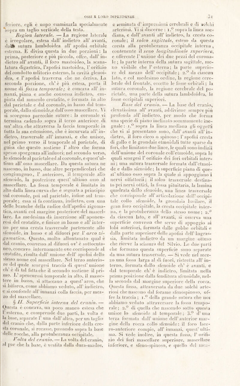 Ifcriore, è uopo esamìuarìa specialiueuie ^bopia un taglio verticale della testa. Région laterale. — I^a regione laterale Î è irregolare, estesa clalP indietro all’ avanti, . daU^ sutura larabdoidea all’ apofisi orbitale ; esterna. E divisa questa in due porzioni ; la • prima, posteriore e più piccola, ol'fre, dall’ in- l dietro all’ avanti, il foro mastoideo, la scana- 1 Jatura digastrica, l’apofisi mastoidea, l’orifizio I del condotto uditorio esterno, la cavità glenoi- [ dea, e 1’ apofisi trasversa che ne deriva. La i seconda porzione, cb’ è più estesa, porta il ) nome ài fossa temporale ; è concava all’ in- nanzi, piana e anche convessa indietro, em- piuta dal muscolo crotafite, e formata in alto dal parietale e dal coronale, in basso dal tem- porale, dallo sfenoide,e dall’osso mascellare. Vi si scorgono parecchie suture : la coronale vi termina cadendo sopra il terzo anteriore di un’ altra che attraversa la faccia temporale in tutta la sua estensione, che è incurvata all’in- dietro, trasversale all’ innanzi, e che unisce, nel primo verso il temporale al parietale, di guisa che questo sostiene 1’ altro che forma spesso sporgenza all’infuori; nel secondo verso, lo sfenoide al parietale ed al coronale, e quest’ul- timo all’ osso mascellare. Da rpiesta sutura ne nascono, in basso, due altre perpendicolari che congiungono, 1’ anteriore, il temporale allo sfenoide, la posteriore quest’ vdtimo osso al mascellare. La fossa temporale è limitata in alto dalla linea curva che è segnata a principio sul coronale, poi sul parietale, infine sul tem- porale; essa si fa continua, indietro, con una delle branche della radice dell’apofisi zigoma- tica, avanti col margine posteriore del mascel- lare. La medesima dà inserzione all’ aponeu- rosi del crotalìte, e finisce in basso e all’inter- no per una cresta trasversale partenente allo sfenoide, in basso e al difuori per 1’ arco zi- g07?iatico. Questo, molto allontanato qual è <lal cranio, convesso al difuori ov’ è sottocuta- neo, concavo internamente ove corrisponde al crotafite, risulta dall’ unione dell’ apoflsi dello stesso nome col mascellare. Nel terzo anterio- re del quale scorgesi traccia di cjuest’ unione eh’ è di tal fatta clie il secondo sostiene il pin- juo. L’apeneurosl temporale in alto, il masse- tere in basso, si attaccano a quest’ arco, che si biforca, come abbiamo veduto, all’ indietro, e si confonde all’ innanzi colla faccia, per mez- zo del mascellare. § I/. Superficie interna del cranio. — Questa è concava, un poco manco estesa che , 1’ esterna, e comprende due parti, la volta e ■■ la base, separate 1’ una dall’altra, per un taglio del cranio che, dalla parte interiore delta cre- sta coronale, si recasse, passando sopra la base <lelle rocche, alla protid)eranza occipitale. olla del cranio. — La volta del cranio, al par che la l)ase, è vestita dalla dura-madre. c seminata d’inipresslunl cerebrali e di solchi arteriosi. \ i si discerne : i.^ sopra la linea me- diana, e dall’avanti all’ indietro, la eresia co- ronale; il solco sagittale.) esteso da questa cresta alla protuberanza occipitale interna, contenente il seno longitudinale superiore., e offerente 1’unipne dei due pezzi del corona- le ; la parte interna della sutura sagitiale, me- no visibile che l’esterna; la parie superio- re dei mezzo dell’ occipitale; 2.*^ da ciascun lato, e col medesimo ordine, la regione cere- brale del frontale, eccetto le fosse orbitali ; la sutura coronale, la regione cerebrale del pa- rietale, una parte della sutura larabdoidea, le fosse occipitali superiori. Base del cranio. — La base del cranio, elevatissima all’ avanti, addiviene sempre più jirofonda all’ indietro, per modo die forma una specie di piano inclinato sommamente ine- guale: i.° sopra la linea niediana gli oggetti che vi si presentano sono, dall’ avanti all’ in- dietro, il foro cieco o spinoso; l’apofisi cresta di gallo e le grondaie etmoidali tutte sparse da fori, che limitano due linee, le quali sono indizii deH’unione del coronale coll’etmoide, sopra le quali scorgesi 1’ orifìzio dei fori orbitali inter- ni ; una sutura trasversale formata daH’etmoi- de e dallo sfenoide; la superfìcie piana di que- st’ ultimo osso sopra la quale si appoggiano i nervi oìfattorii ; il solco trasversale destina- to pei nervi ottici, la fossa pituitaria, la lamina quadrata dello sfenoide, una linea trasversale che corrisponde alf articolazione dell’occipi- tale colio sfenoide, la grondaia basilare, il gran foro occipitale, la cresta occipitale inter- na, e la protuberanza dello stesso nome; 2,.^ da ciascun lato, e all’ avanti, si osserva una superfìcie convessa che serve di appoggio ai lobi anteriori, formata dalle goblìe orìritali e dalla parte superiore delle apoflsi dell’Ingivas- sia, limitata indietro da un margine ottuso che riceve la scissura del Silvio. Le due parti che formano questa superfìcie sono separate da una sutura trasversale. — Si vede nel mez- zo una fossa larga al di fuori, ristretta all’ in- terno, formata dallo sfenoide eli’ è avanti, c dal temporale eh’ è indietro, limitala nella prima posizione dalla fenditura sfenoidale, nel- la seconda dal margine superiore della rocca. Questa fossa, attraversala da due solclfì arte- riosi che nascono dal forame sfenospinoso, of- fre la traccia ; della grande sutura che noi abbiamo veduto attraversare la fossa tempo- rale; 2.*^ di quella che nascendo sotto questa unisce lo sfenoide al temporale ; 3.^ d’ una terza formata dall’unione dell’an terior mar- gine della rocca collo sfenoide: il foro lace- ro-anteriore compie, all’innanzi, quest’ulti- ma. Si vede inoltre, in questa fossa, 1’ orifì- zio dei fori mascellare superiore, mascellare inferiore, e sfeno-spinoso, e quello del mea-