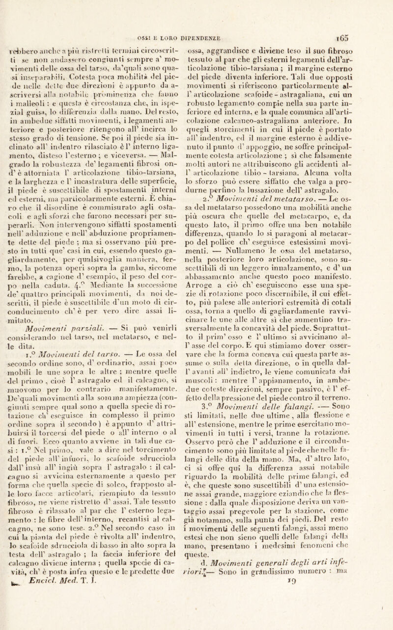 leiìbero aochc a più ri.slia ili ìerioiiii circoscrit- ti se non aiKiassno congiunti sempre a’ mo- vimenti (Ielle ossa del tarso, da’quali sono qua- si inscparahiii. Cotcsta poca mobilità del pie- de nello d( ltc due direzioni è appunto da a- scriversi alla notabile prominenza clic fanno i malleoli : e questa è circostanza che, in ispe- zial guisa, lo (lifferenzia dalla mano. Del resto, in ambedue sifìalti movimenti, i legamenti an- teriore e posteriore ritengono all’ incirca lo stesso grado di tensione. Se poi il piede sia in- clinato air indentro rilasciato èl’ interno liga- mento, disteso Testerno ; e viceversa. — Mal- grado la robustezza de’ legamenti fibrosi on- (1’ è attorniata F articolazione tibio-tarsiana, e la larghezza e 1’ incastratura delle superficie, il piede è suscettibile di spostamenti interni ed esterni, ma particolarmente esterni. E chia- ro che il disordine è commisurato agli osta- coli e agli sforzi che furono necessari per su- perarli. Non intervengono siffatti spostamenti nell’ adduzione e nell’ abduzione propriamen- te dette del piede ; ma si osservano più pre- sto in tutti cjue’ casi in cui, essendo questo ga- gliardamente, per qualsivoglia maniera, fer- mo, la potenza operi sopra la gamba, siccome farebbe, a cagione d’ esempio, il peso del cor- po nella caduta, 4-^ Mediante la successione de' quattro principali nìovimenti, da noi de- scritti, il piede è suscettibile d’un moto di cir- conducimento eh’ è per vero dire assai li- mitato. Movimenti parziali. — Si può venirli considerando nel tarso, nel metatarso, e nel- le dita. i.° Movimenti del tarso. — Le ossa del secondo ordine sono, d’ ordinario, assai poco mobili le une sopra le altre ; mentre quelle del primo , cioè 1’ astragalo ed il calcagno, si muovono per lo contrario manifestamente. De’quali movimenti alla somma ampiezza {con- giunti sempre qual sono a quella specie di ro- tazione eh’ eseguisce in complesso il primo ordine sopra il secondo) è appunto d’attri- buirsi il torcersi del piede o all’ interno o al di fuori. Ecco quanto avviene in tali due ca- si : i.° Nel primo, vale a dire nel torcimento del piede all’infuori, Io scafoide sdrucciola dall’ insù all’ ingiù sopra V astragalo : il cal- cagno si avvicina esternamente a questo per forma ebe quella specie di solco, frapposto al- le loro facce articolivi, riempiuto da tessuto fibroso, ne viene ristretto d’ assai. Tale tessuto fibroso è rilassato al par che 1’ esterno lega- mento ; le fibre dell’interno, recantisi al cal- cagno, ne sono tese. 2.^ Nel secondo caso in cui la pianta del piede è rivolta all’ indentro, lo scafoide sdrucciola dibasso in alto sopra la testa dell’ astragalo ; la faccia inferiore del calcagno diviene interna ; quella specie di ca- vità, eh’ è posta infra ({ueslo c le predette due ^ Encicl. Med. T, I. ossa, aggrandisce e iliviene teso il suo fibroso tessuto al par che gli esterni legamenti dell’ar- ticolazione tibio-tarsiana ; il margine esterno del piede diventa inferiore. Tali due opposti movimenti si riferiscono particolarmente ai- fi articolazione scafoide - aslragaliana, cui un robusto legamento compie nella sua parte in- feriore ed interna, e la quale comunica all’arti- colazione calcaneo-astragaliana anteriore. In quegli storcimenti in cui il piede c portato all’indentro, ed il margine esterno è addive- nuto il punto (fi appoggio, ne soffre principal- mente cotesta articolazione ; sì che falsamente molti autori ne attribuiscono gli accidenti ai- fi articolazione libio - tarsiana. Alcuna volta lo sforzo può essere siffatto che valga a pro- durne perfino la lussazione dell’ astragalo. 2. ^ Movimenti del metatarso. —Le os- sa del metatarso possedono una mobilità anche più oscura che quelle del metacarpo, e, da questo lato, il primo offre una ben notabile differenza, quando lo si paragoni al metacar- po del pollice eh’ eseguisce estesissimi movi- menti. — Nullameno le ossa del metatarso, nella posteriore loro articolazione, sono su- scettibili di un leggero innalzamento, e d’un abbassamento anche cjuesto poco manifesto. Arroge a ciò eh’ eseguiscono esse una spe- zie di rol.izione poco discernibile, il cui effet- to, più palese alle anteriori estremità di cotali ossa, torna a quello di gagliardamente ravvi- cinare le une alle altre sì che aumentino tra- sversalmente la concavità del piede. Soprattut- to il prim’osso e l’ultimo sì avvicinano ai- fi asse del corpo. E qui stimiamo dover osser- vare che la forma concava cui cfuesta parte as- sume o sulla detta direzione, o in quella dal- 1’ avanti ali’ indietro, le viene comunicata dai muscoli: mentre l’appianamento, in ambe- due coleste direzioni, sempre passivo, è fi ef- fetto della pressione del piede contro il terreno. 3. ^ Movimenti delle falangi, Sono sti limitati, nelle due ultime , alla flessione e all’ estensione, mentre le prime esercitano mo- vimenti in tutti i versi, tranne la rotazione. Osservo però che fi adduzione e il circondu- cimento sono più limitate al piede che nelle fa- langi delle dita della mano. Ma, d’altro Iato, ci si offre qui la differenza assai notabile riguardo la mobilità delle prime falangi, ed è, che queste sono suscettibili d’una estensio- ne assai grande, maggiore eziandio che la fles- sione : dalla quale disposizione deriva un van- taggio assai pregevole per la stazione, come già notammo, sulla punta dei piedi. Del resto i movimenti delle seguenti falangi, assai meno estesi che non sieno quelli delle falangi della mano, presentano i medesimi fenomeni che queste. d. Movimenti generali degli arti infe- rioriT^— Sono in gràndissimo numero : ma IO