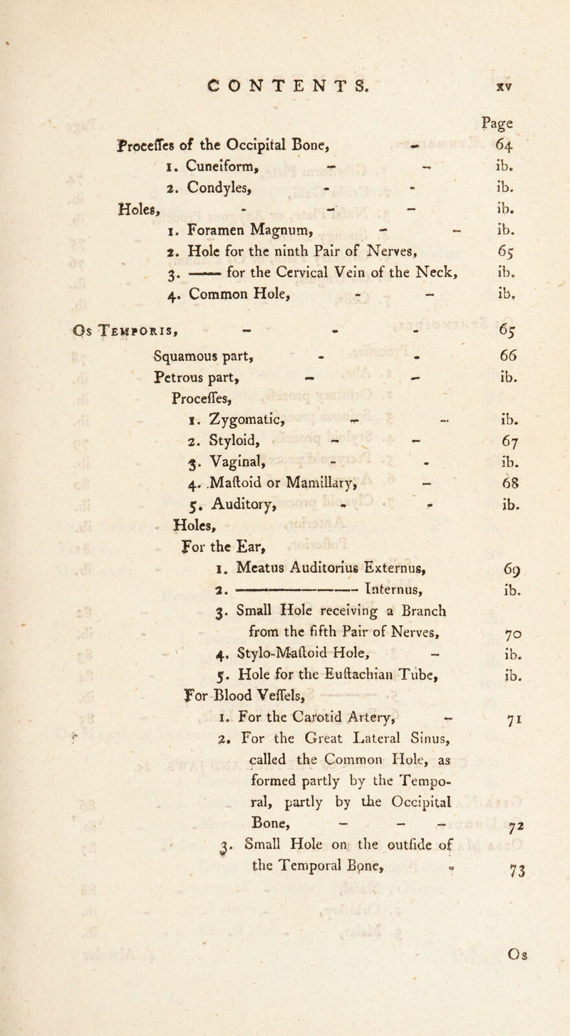 Proccffcs of the Occipital Bone, - 1. Cuneiform, - 2. Condyles, Holes, - ^ - 1. Foramen Magnum, - 2. Hole for the ninth Pair of Nerves, 3. —*— for the Cervical Vein of the Neck, 4. Common Hole, - - Page 64 ib, ib. ib. ib. 65 ib, ib. Os Temporis, - - - Squamous part, Petrous part, — — Procefles, I 1. Zygomatic, -r 2. Styloid, - 3. Vaginal, 4. ,Maftoid or Mamillary, - 5. Auditory, Holes, For the Ear, 1. Meatus Auditoriue Externus, 2. — Internus, 3. Small Hole receiving a Branch from the fifth Pair of Nerves, ' 4. Stylo-Mahoid Hole, - 5. Hole for the Euftachiau Tube, For Blood Veffels, I, For the Carotid Artery, - f 3. For the Great Lateral Sinus, called the Common Hole, as formed partly by the Tempo- ral, partly by the Occipital Bone, ~ _ _ 3. Small Hole on the outfide of the Temporal Bpnc, 65 66 ib. ih. 67 ib. 68 ib. 69 ib. 70 ib. ib. 71 72 73 Os