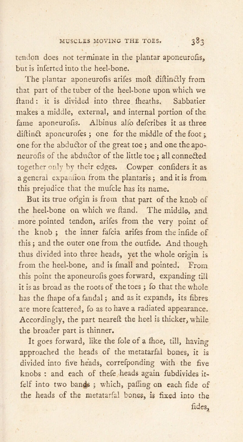 tendon does not terminate in the plantar aponeurofis, but is Inferted into the heehbone. The plantar aponeurofis arifes mod diftindlly from that part of the tuber of the heel-bone upon which we ftand: it is divided into three (heaths. Sabbatier makes a middle, external, and internal portion of the fame aponeurofis. Albinus alfo defcribes it as three dldindt aponeurofes ; one for the middle of the foot j one for the abductor of the great toe 5 and one the apo- neurohs of the abdudtor of the little toe ; all conneded together only by their edges. Cowper confiders it as a general expanuou from the plantaris; and it is from this prejudice that the mufcle has its name. But its true origin is from that part of the knob of the heel-bone on which we (land. The middle, and more pointed tendon, arifes from the very point of the knob ; the inner fafcia arifes from the infide of this; and the outer one from the outfide. And though thus divided into three heads, yet the whole origin is from the heel-bone, and is fmali and pointed. From this point the aponeurofis goes forward, expanding till it is as broad as the roots of the toes; fo that the whole has the fhape of a fandal; and as it expands, its fibres are more fcattered, fo as to have a radiated appearance. Accordingly, the part neareft the heel is thicker, while the broader part is thinner. It goes forward, like the foie of a Ihoe, till, having approached the heads of the metatarfai bones, it is divided into five heads, correfponding with the five knobs : and each of thefe , heads again fubdivides it* felf into two ban^ ; which, paffing on each fide of the heads of the metatarfai bones, is fixed into the fides.