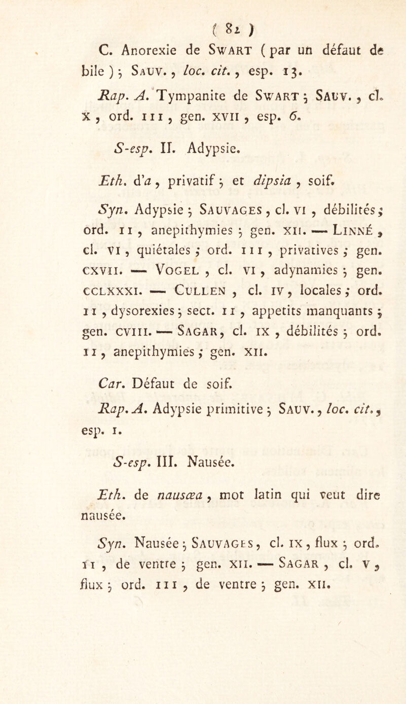( ) C. Anorexie de Swart ( par un défaut de bile ) ^ Sauv. 5 loc, cit, , esp. 13. -Ra/?. ^/Tympanite de Swart ^ Sai;v. 5 cL X , ord. 111 5 gen. xvii , esp. 6, S-esp. II. Adypsie. Etk» à'a J privatif ^ et dipsia , soif. Syn, Adypsie ^ Sauvages , cl. vi , débilités^ ord. Il 5 anepithymies ^ gen. xii. — Linné , cl. VI 5 quiétales , ord. 111 , privatives ; gen. cxvii. — VoGEL 5 cl. VI , adynamies j gen. ccLXXXi. — CuLLEN 5 cl. IV 5 locales ,* ord. Il 5 dysorexies j sect. ii , appétits manquants ^ gen. cviii. — Sagar, cl. ix , débilités, ord. Il, anepithymies ,* gen. xii. Car. Défaut de soif. Rap.A, Adypsie primitive ^ Sauv. , loc. ciî.^ esp. I. S-esp. III. Nausée. Eth. de nausœa , mot latin qui veut dire nausée. Syn. Nausée Sauvages, cl. ix, flux ^ ord. ï I , de ventre , gen. xii. — Sagar , cl. v,