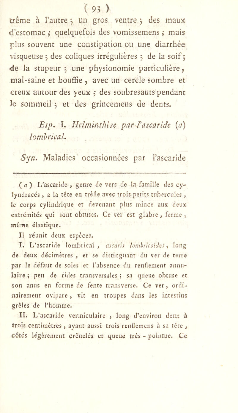 ( 9? ) îxême à Fautre ^ un gros, ventre , des maux d’estomac ; quelquefois des vomissemens ,* mais plus souvent une constipation ou une diarrhée visqueuse ^ des coliques irrégulières , de la soif ; de la stupeur ^ une physionomie particulière ^ mal-saine et bouffie , avec un cercle sombre et creux autour des yeux , des soubresauts pendant le sommeil , et des grincemens de dents. £sp, L Hdminîhhc par T ascaride {a) lombrical. Syn. Maladies occasionnées par l’ascaride ( <7 ) L’ascarîcîe , genre de vers de la famîüe des cy- lynclrace's, a la tête en trèfle avec trois petits tubercules, le corps cylindrique et devenant plus mince aux deux extrémités qui sont obtuses. Ce ver est glabre, ferme ^ înême élastique. Il réunit deux espèces. I, L’ascaride loinjbrical , ascaris lomhricoicîes, long de deux décimètres , et se distinguant du ver de terre par le défaut de soies et l’absence du renflement annu- laire ; peu de rides transversales ; sa queue obtuse et son anus en forme de fente transverse. Ce ver, ordi- nairement ovipare , vit en troupes dans les intestins grêles de l’homme. II. L’ascaride vermîculaire , long d’environ deux à trois centimètres, ayant aussi trois renflernens à sa tête , côtés légèrement crénelés et queue très - pointue. Ce