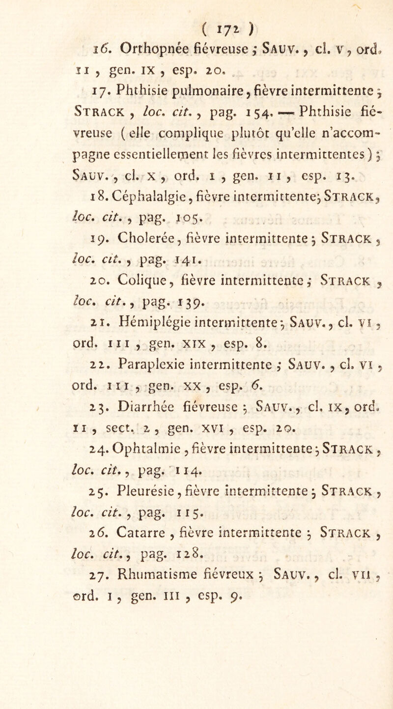î6. Orthopnée fiévreuse Saüv. j cl. ord» ïI , gen. IX 5 esp. 20. 17. Phthisie pulmonaire 5 fièvre intermittente ^ Strack , loc. cit, J pag. 154. — Phthisie fié- vreuse ( elle complique plutôt quelle n’accom- pagne essentiellement les fièvres intermittentes) § Saüv. 5 cl. X , ord. i , gen. ii , esp. 13. 18. Céphalalgie 5 fièvre intermittente, Strack^ ioc. cît, 5 pag. 105. 19. Clîolerée, fièvre intermittente, Strack 5 ioc, cLt, 5 pag. 141. 20. Colique, fièvre intermittente, Strack 5 Ioc, cit,^ pag. 139. 21. Hémiplégie intermittente*, Saüv., cl. vi 5 ord. III , gen. xix , esp. 8. 22. Paraplexie intermittente Saüv. , cl. Vï , ord. î 11 , gen. xx , esp. 6, 23. Diarrhée fiévreuse, Saüv., cl, ïXjOrd. Il 5 sect. 2, gen. xvi , esp. 20. 24. Ophtalmie , fièvre intermittente ^ Strack , loc, cit,, pag. 114. 25. Pleurésie, fièvre intermittente \ Strack , loc, cit, 5 pag. 115. 26. Catarre , fièvre intermittente \ Strack , loc, cit,^ pag. 128. 27. Rhumatisme fiévreux j Sauv. , cl. vu ,