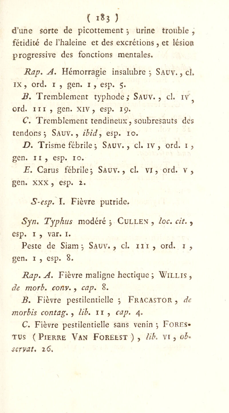 { ) d’une sorte de picottement ^ urine trouble , fétidité de l’haleine et des excrétions 5 et lésion progressive des fonctions mentales, Rap. A. Hémorragie insalubre ^ Sauv. 5 cL \ IX 5 ord. I 5 gen. i ^ esp. 5. R. Tremblement typhode ,* Sauv. 5 cl. iv ord. III 5 gen. xiv, esp. 19. C. Tremblement tendineux 5 soubresauts des tendons^ Sauv., ibid^ esp. 10. D. Trisme fébrile j Sauv., cl. iv , ord. i , gen. 11 , esp. 10. E. Carus fébrile j Sauv. , cl. vi, ord. v , gen. XXX, esp. 2. S-esp. L Fièvre putride. Syn, Typhus modéré j Cullen , loc. cit. ^ esp, I , var. i. Peste de Siam ^ Sauv., cl. iii , ord. i , gen. I , esp. 8. Rap, A. Fièvre maligne hectique ; Willis , de morh, eonv,, cap, 8. B, Fièvre pestilentielle ^ Fracastor , de morbis contag. , lib. 11 , cap, 4, C, Fièvre pestilentielle sans venin ^ Fores* TUS ( Pierre Van Foreest ) , lib, vi, ob- servât, z6.