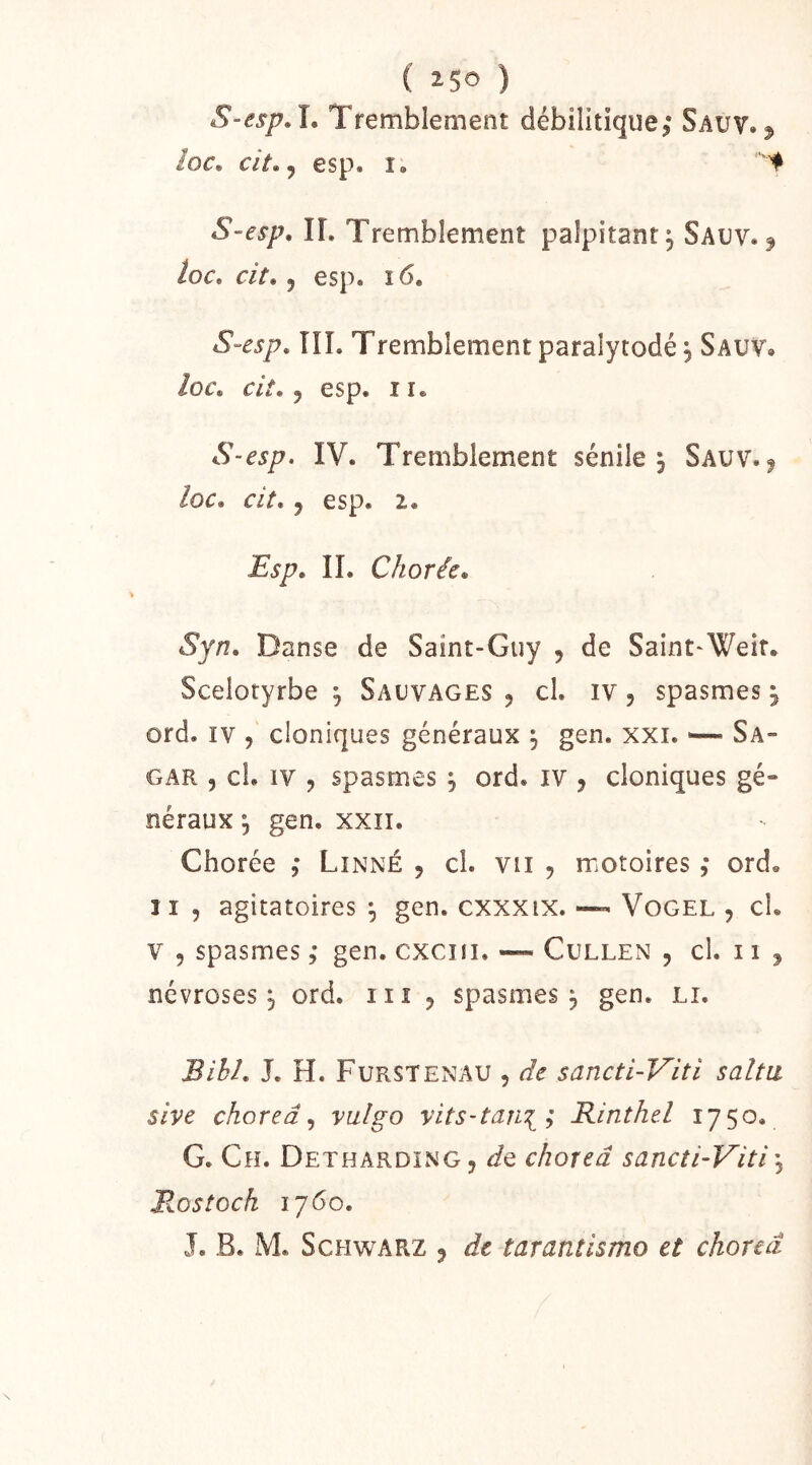 ( ^50 ) S-espA. Tremblement débilitique; Sauv. ^ ioc. clt.j esp. I, 't S-esp, IL Tremblement palpitant^ Sauv. ^ ioc, cit, 5 esp. i6. S-esp, ni. Tremblement paralytodé j Sauv, ioc, cit, J esp. II. S-esp. IV. Tremblement sénile^ Sauv.^ loc, cit, J esp. 1, Esp, II. Chorée, Syn, Danse de Saint-Guy , de Saint-Weir. Sceloryrbe , Sauvages , cl. iv, spasmes % ord. IV 5 cloniques généraux ^ gen. xxi. ■ Sa- GAR 5 ci. IV 5 spasmes , ord. iv ^ cloniques gé- néraux \ gen. XXII. Chorée , Linné , cl. vu , motoires ord« Il , agitatoires ^ gen. cxxxix. — Vogel , cl. V 5 spasmes ,• gen. cxcin. — Cullen , cl. 11 ^ névroses 5 ord. iii ^ spasmes j gen. li. Bihl, J. H. Furstenau 5 de sancti-Viti salta sive choreâvulgo vitS’tan\; Rinthel 1750. G. Ch. Dethardîng, dQ choreâ sancti-Viti \ Rostoch 1760. I. B. M. Schwarz 5 de tarantismo et choreâ \