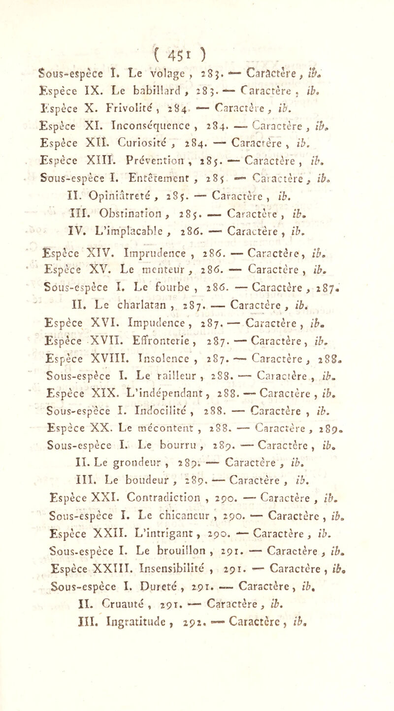 Sous-espèce î. Le volage , 285. Caractère, lî^s Espèce IX. Le babillard, 285. — Caractère . tb, Espèce X. Frivolité, 284, -— Caractère, ib,. Espèce XL Inconse'quence , 284. —= Caractère , îh» Espèce XIL Curiosité , 284. — Caractère , ih. Espèce XIII. Prévention , 285. — Caractère , ih» Sous-espèce I. Entcreînent , 285 Caractère, ib» IL Opiniâtreté, 285. — Caractère, ib, ÎII. Obstination, 285. — Caractère, ib» IV. L’implacable , 286. — Caractère , ih. Espèce XIV. Imprudence, 286. —Caractère, ih» Espèce XV. Le menteur, 286. — Caractère, ib. Sous-espèce I. Le fourbe, 286. —Caractère, iSj» II. Le charlatan , 287. -— Caractère , ib. Espèce XVI. Impudence, 287.— Caractère, ih» Espèce XVIÎ. Effronterie, 287. — Caractère, ib. Espèce XVÎÎL Insolence, 287.—■ Caractère , 288» Sous-espèce I. Le railleur , 288. —• Caractère , ib. Espèce XIX. L’indépendant, 288. — Caractère , Sous-espece I. Indocilité , 288. —- Caractère , ib. Espèce XX. Le mécontent , 288. — Caractère , 289. Sous-espèce I.. Le bourru, 289. — Caractère , ib» IL Le grondeur , 289. — Caractère , ib, lîL Le boudeur , 289. — Caractère , ib. Espèce XXL Contradiction , 290. —- Caractère , ih. Sous-espèce I. Le chicaneur , 290. — Caractère , ib. Espèce XXÎI. L’intrigant, 290. Caractère, ih. Sous.espèce I. Le brouillon , 291. — Caractère , ih. Espèce XXIIÎ. Insensibilité , 291. — Caractère, ib» Sous-espèce I. Dureté, 291. — Caractère, ih» IL Cruauté , 291. Caractère, ïb, IIÎ. Ingratitude, 292* Caractère , ih.