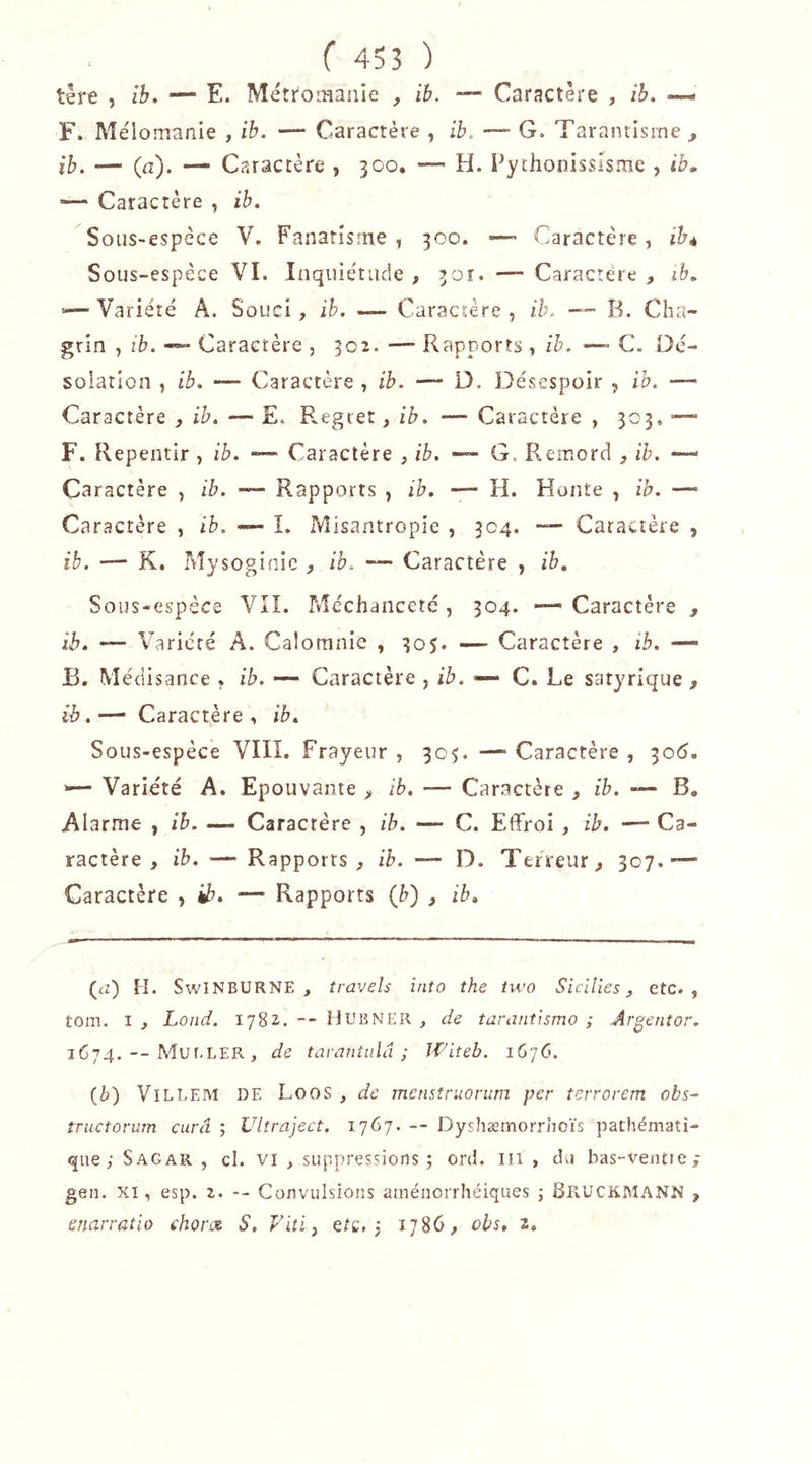 têre , ib. —• E. Métromanie , ib. — Caractère , /&. — F. Méiomanle , ib. — Caractère , ib. G. Taraniisme , ib. — (a). — Caractère , 300. H. Pythonisslsme , ib, — Caractère , ib. Sous-espèce V. Fanatisme , 300. Caractère, ib^ Sous-espèce VI. Inquiétude , 30Î. — Caractère , ib. ‘—Variété A. Souci, ib. — Caractère, ib. B. Cha- grin , ib. *»“ Caractère , 302. — Rapports, ih. —- C. Dé- solation , ib. — Caractère , ib. — D. Désespoir , ib. — Caractère , ih. — E. Regret, ib. — Caractère , 303, —- F. Repentir , ib. — Caractère , ib. — G. Remord , ih. — Caractère , ib. — Rapports , ib. — H. Honte , ib. — Caractère , ib. — L Misantropie , 304. — Caractère , ib. — K. Mysoginie , ib. — Caractère , ib. Sous-espèce VIL Méchanceté , 304. — Caractère , ib. — Variété A. Calomnie , 305. — Caractère , ib. B. Médisance » ib. — Caractère y ib. ^ C. Le saryrique , ib,— Caractère, ib. Sous-espèce VIII. Frayeur , 305. — Caractère , 30(5. Variété A. Epouvante , ih. — Caractère , ih. — B. Alarme , ib. — Caractère , ib. — C. Effroi, ib. — Ca- ractère , ib. — Rapports, ih. — D. Terreur, 307.—' Caractère , ih. — Rapports (h) , ib. (iz) H. SwiNBURNE , travels into the two Sicilles, etc., tom. I , Lond. 1782. — Hubner , de tarantismo ; Argenîor. 1674.--Mur.LER , de tavantiilâ ; Witeb. 1676. {b) V1LI.EM DE Loos , de menstruorurn per terrorem obs- triictorum cura ; Ulîraject. l'jG’j. -- Dyshæmorrhoïs pathématî- que ; Sagar , cl. vi , suppressions ; ord. Ili , du bas-ventte^ gen. XI, esp. x. -- Convulsions aménorrhéiques j BRUCKMANN , enarratio ehora S. Viti^ etc.,* 1786, obs, 2.