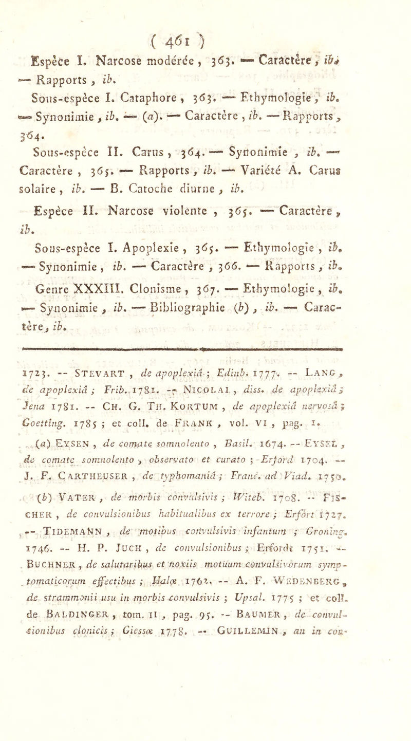 ( 4^1 ) Espèce L Narcose modérée , 3(53. — Caractère > Wé Rapports , ib» Sous-espèce I. Cataphore , 3(53. —Eîh5'moîogîe ih, ^ Synonimie , ih, ^ (a), — Caractère , ih, — Rapports , 364. Sous-espèce îî. Carus , 3<^4* '— Syuonimîe , ih, —* Caractère , 365. — Rapports, ih. — Variété A. Carus solaire , ih. — B. Catoche diurne , ih. Espèce IL Narcose violente , 3(55. —Caractère, ih. Sous-espèce I. Apoplexie , i6<), — Ethytnoîogîe , îL —“ Synonimie , ih. — Caractère , 366. —• Rapports, ih„ Genre XXXÎÎÎ. Clonîsme , 367. — Eîhymologîe , ïb„ •— Synonimie , ih. — Bibliographie {h) , ih. — Carac- tère, ib. Ï725. -- Stevap.T , de apoplexïâ-; Edinb. ijjj-, -- Lang , de apoplexiâ ; Frib. i j^i. -- Nicolai , diss. de apoplexïâ ÿ Jena 1781. — Ch. G. Th. KofiTUM , de apoplexiâ nervosâ} Goetting. 1785 ; et coll, de Frank , vol. VI , pag. 1. (^a) EySEN , de comate somnolento , Basil. 1674. — EvSEL , de comate somnolento -, ohservato et curato ; Erjord 1704. — J. F. CarïHEOSER, de typhomaniâ ; Franc, ad Viad, (è) VaTer , de mOrhis convtdslvis ; ÏFlîeb. 1708. -- FIS- CHER , de convulsionibus habitualihus ex îerrore ; Erfôrt ijzj. ,TidemaKN , de '/notlhus convulsivis Infantum ; Gronlng, Ï746. — H. P. JUCH , de convulsionibus; Erfordt 1751. — , Buchner, de salutaribus et tioxiis motUum convuUivarum symp-^ ^tomaticorum effectïbus ; Malce 176^. -- A. F. Wedenberg^ de strammonii usu in morbis convulsivis ; Upsal. 1775 ; et colL de Baldinger , tom. ïl , pag. 95. -- Baümer , de convid- -tionibus clonicis ; Giessx 1778. — GuilleaUN , an in cou-