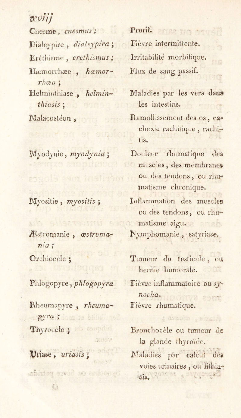 VCÇllJ Cnesme , cnesmiis ; ÏDialejpire , dialeypira ) Ert'tiusmc , ercîhhmus ; Hæmorrhæe , hœmor- rhœu ; Helmiiitüiase ^ helmin^ thiasis j Malacostéon , !|\'îjodjnie, myoâynia ; EJjosiiîe 5 myosîîis ; Æstromanie , œstroma^ nia ; Orchiocèle ; Pnlogopjre, pJilogopyra B.heumapjre , rheurna-^ pyra ; Thjrocele 5 Çfnase » uriasis | Prurit, Fièvre intermittente, îrntabliik' morblHqiie» Flux de sang passif. Maladies par les vers dans les Intestins. B amollissement des os , ea- cKexie rachitique , rachi-« tis. Douleur rbumatiqne des musc es , des membranes ou des tendons , ou rhu« matîsme chronique. Inflammation des muscle© ou des tendons, ou rhu*» malisme aigu. F’jmphomanie , saîyriase. Tumeur du testicule, ou hernie humorale. Fièvre inflammatoire ou sy* novha. Fièvre rhumatique. Bronchocèle on tumeur de la glande thjroïde. Maladies par calcul de® voies urinaires , ou iithis.-^