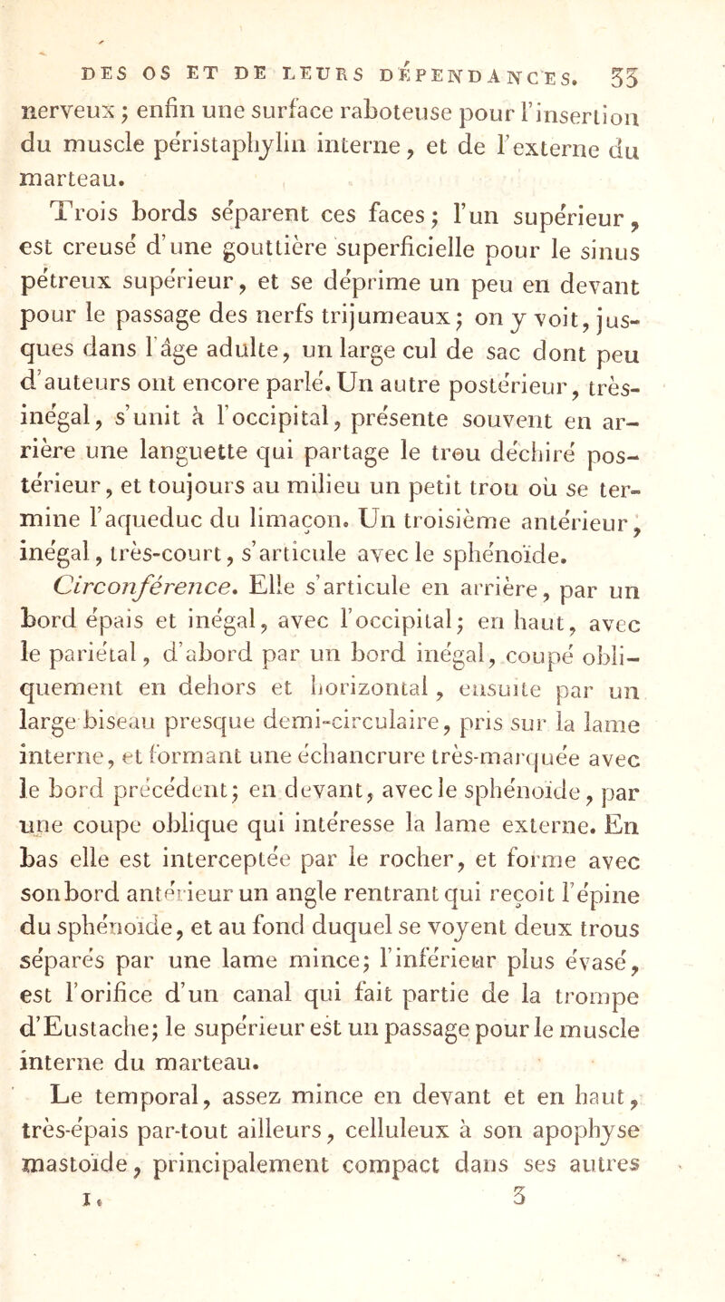 nerveux ; enfin une surface raboteuse pour rinseriioa du muscle përistaplijlin interne, et de l’externe du marteau. Trois bords séparent ces faces; fun supérieur, est creuse d’une gouttière superficielle pour le sinus pëtreux supérieur, et se déprime un peu en devant pour le passage des nerfs trijumeaux; on y voit, jus- ques dans fâge adulte, un large cul de sac dont peu d’auteurs ont encore parlé. Un autre postérieur, très- inégal, s’unit à l’occipital, présente souvent en ar- rière une languette qui partage le trou déchiré pos- térieur, et toujours au milieu un petit trou où se ter- mine l’aqueduc du limaçon. Un troisième antérieur, inégal, très-court, s’articule avec le sphénoïde. Circonférence* Elle s’articule en arrière, par un bord épais et inégal, avec l’occipital; en haut, avec le pariétal, d’abord par un bord inégal, coupé obli- quement en dehors et horizontal, ensuite par un large biseau presque demi-circulaire, pris sur la lame interne, et formant une échancrure très-marquée avec le bord précédent; en devant, avec le sphénoïde, par une coupe oblique qui intéresse la lame externe. En bas elle est interceptée par le rocher, et forme avec sonbord antérieur un angle rentrant qui reçoit l’épine du sphénoïde, et au fond duquel se vojent deux trous séparés par une lame mince; l’inférieur plus évasé, est l’orifice d’un canal qui fait partie de la trompe d’Eustache; le supérieur est un passage pour le muscle interne du marteau. Le temporal, assez mince en devant et en haut, très-épais par-tout ailleurs, celluleux à son apophyse mastoide, principalement compact dans ses autres