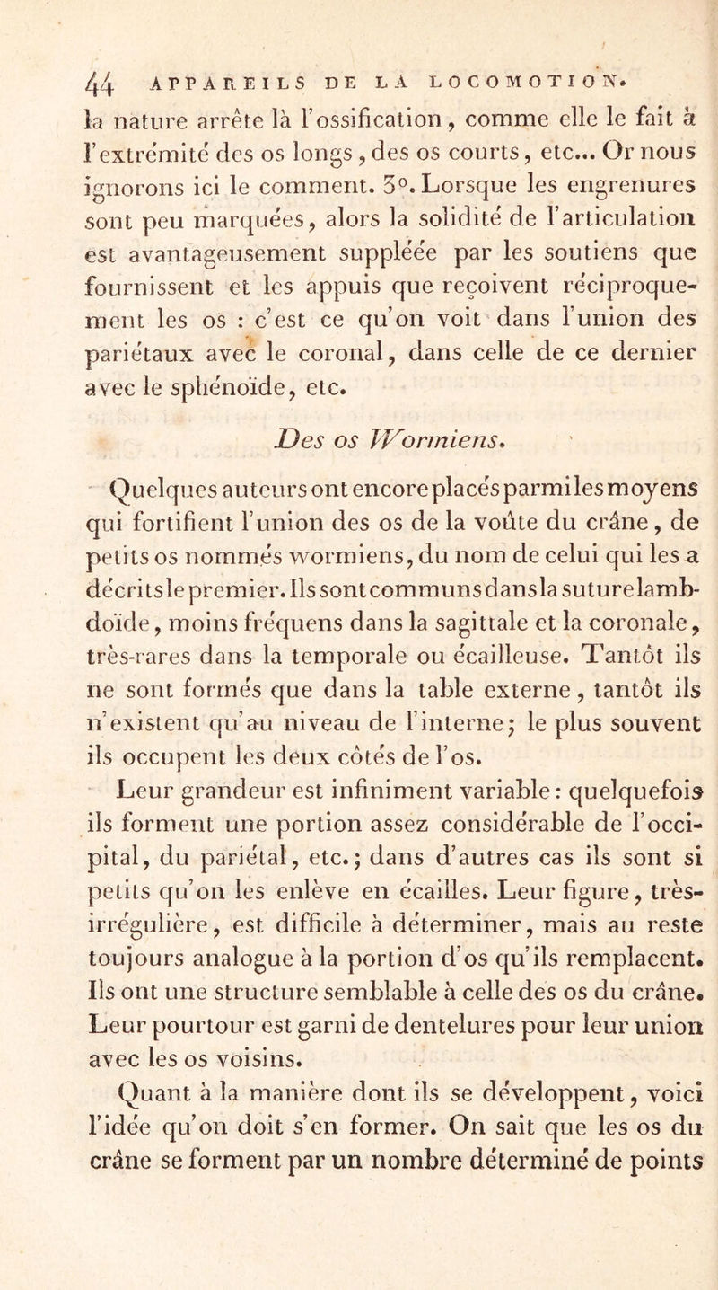 la nature arrête là l’ossification, comme elle le fait à F extrémité des os longs , des os courts, etc... Or nous ignorons ici le comment. 5°. Lorsque les engrenures sont peu marquées, alors la solidité de l’articulation est avantageusement suppléée par les soutiens que fournissent et les appuis que reçoivent réciproque- ment les os : c’est ce qu’on voit dans l’union des pariétaux avec le coronal, dans celle de ce dernier avec le sphénoïde, etc. Des os TVormiens. Quelques auteursontencoreplacésparmilesmoyens qui fortifient l’union des os de la voûte du crâne, de petits os nommés wormiens, du nom de celui qui les a décri tsle premier. Ils sont communs dansla suturelamb- doïde, moins fréquens dans la sagittale et la coronale, très-rares dans la temporale ou écailleuse. Tantôt ils ne sont formés que dans la table externe, tantôt ils n’existent qu’au niveau de l’interne; le plus souvent ils occupent les deux côtés de l’os. Leur grandeur est infiniment variable: quelquefois ils forment une portion assez considérable de l’occi- pital, du pariétal, etc.; dans d’autres cas ils sont si petits qu’on les enlève en écailles. Leur figure, très- irrégulière, est difficile à déterminer, mais au reste toujours analogue à la portion d’os qu’ils remplacent. Ils ont une structure semblable à celle des os du crâne. Leur pourtour est garni de dentelures pour leur union avec les os voisins. Quant à la manière dont ils se développent, voici l’idée qu’on doit s’en former. On sait que les os du crâne se forment par un nombre déterminé de points